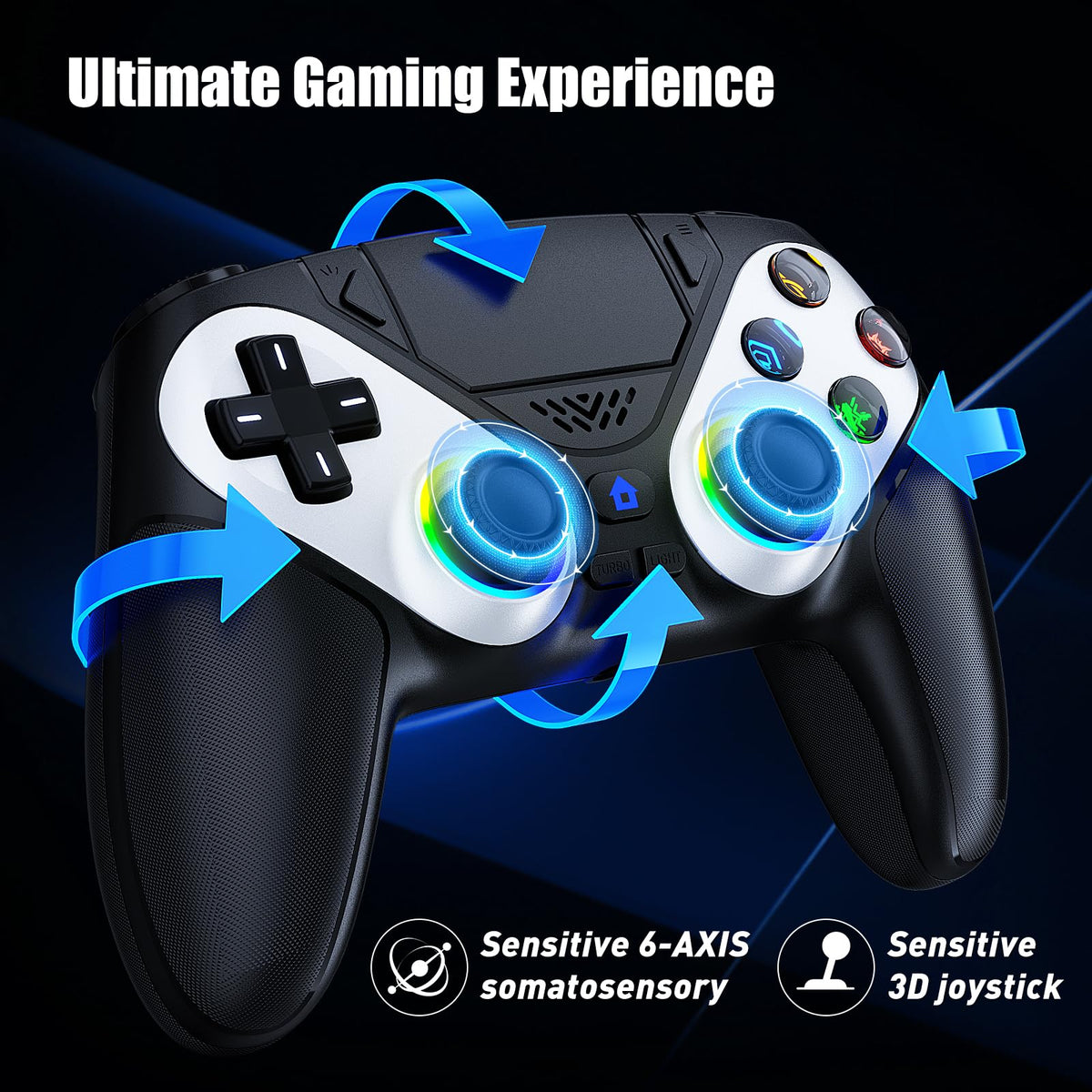 Dinosoo RGB Wireless Controller for PS5/Pro/Slim & PCs, Bluetooth Gamepad with Back Buttons, Touchpad, Macro, Turbo, Dual Vibration, 6-Axis Sensor, Speaker, 3.5mm Audio Jack,White