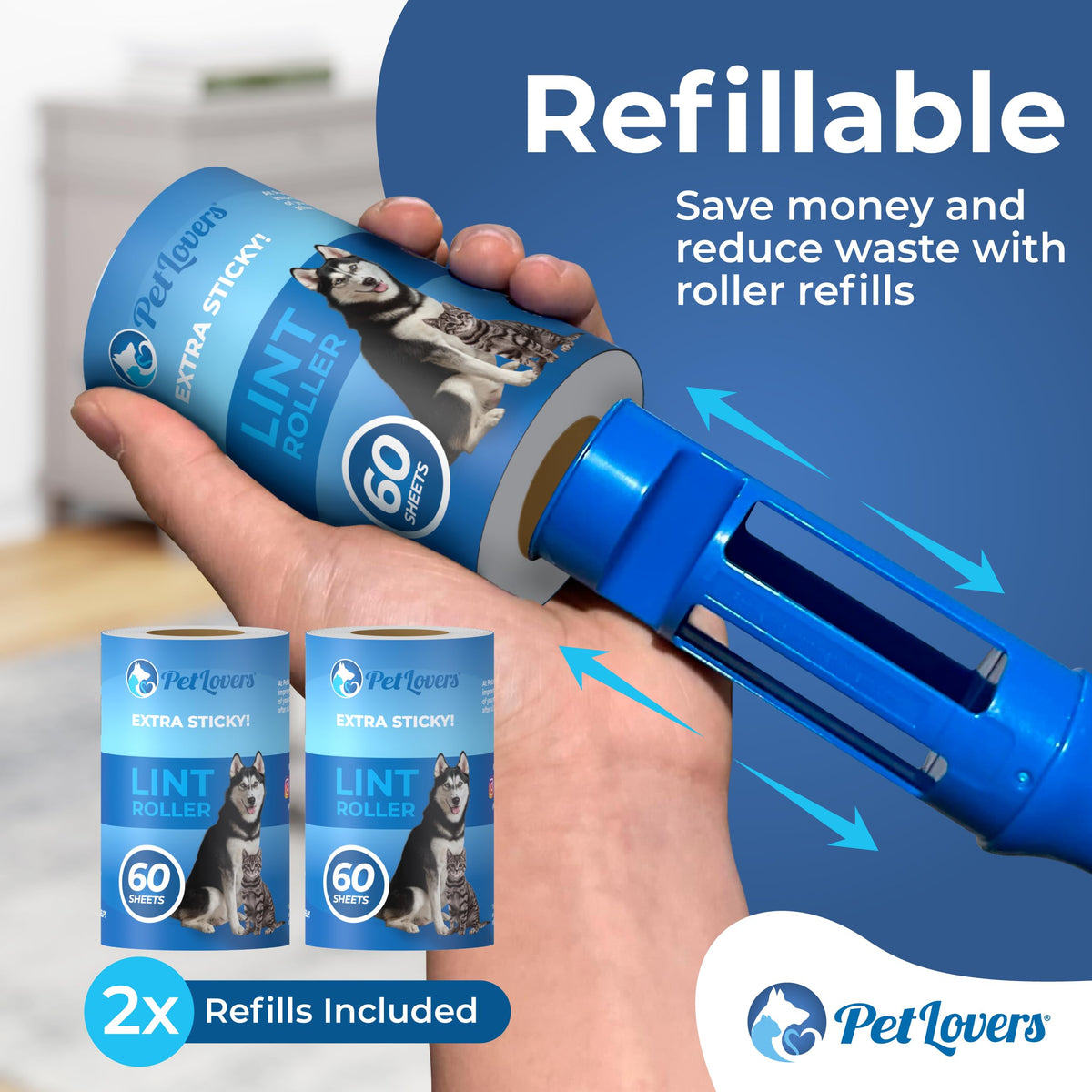 PetLovers Extra Sticky Lint Roller Mega Value Set 450 Sheets for Pet Hair Removal Dog and Cat Lint Remover 5 Pack