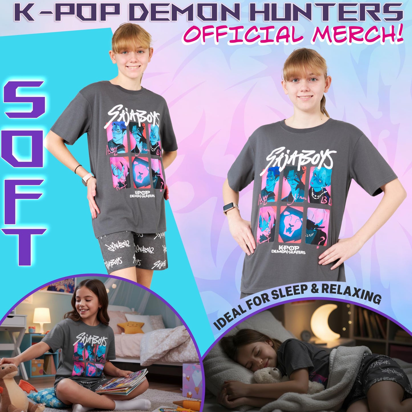 KPop Demon Hunters Official Girls Pyjama Set 5-14 Yrs, 2 Pcs Pjs Shorts & T-shirt, Huntrix Saja Boys Derpy Tiger Merch Gifts