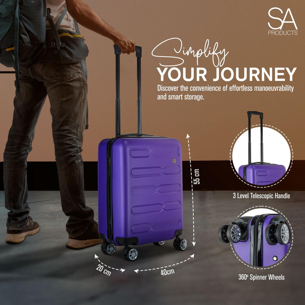 SA Products Cabin Suitcase - 34L Carry On Hard Shell Bag - 55x40x20 - Grey
