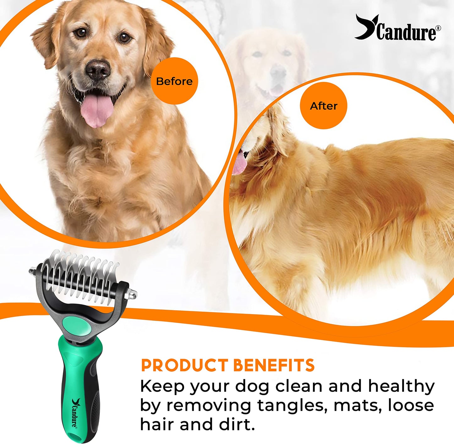 Candure Dematting Comb for Dog and Cat, Pet Grooming Rake and Brushes for Small, Medium & Large Dogs 17+9 Double Sided Deshedding Tool Removes Knots and Tangled Hair (Blue)