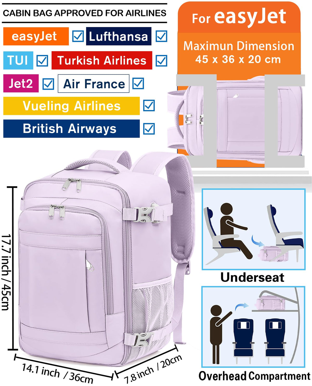 KLOSTAIN Cabin Bags 40x20x25 for Ryanair Underseat Travel Backpack Hand Luggage Carry-ons Bag Cabin Size 20L for Airplanes Flight Ruscksack Black