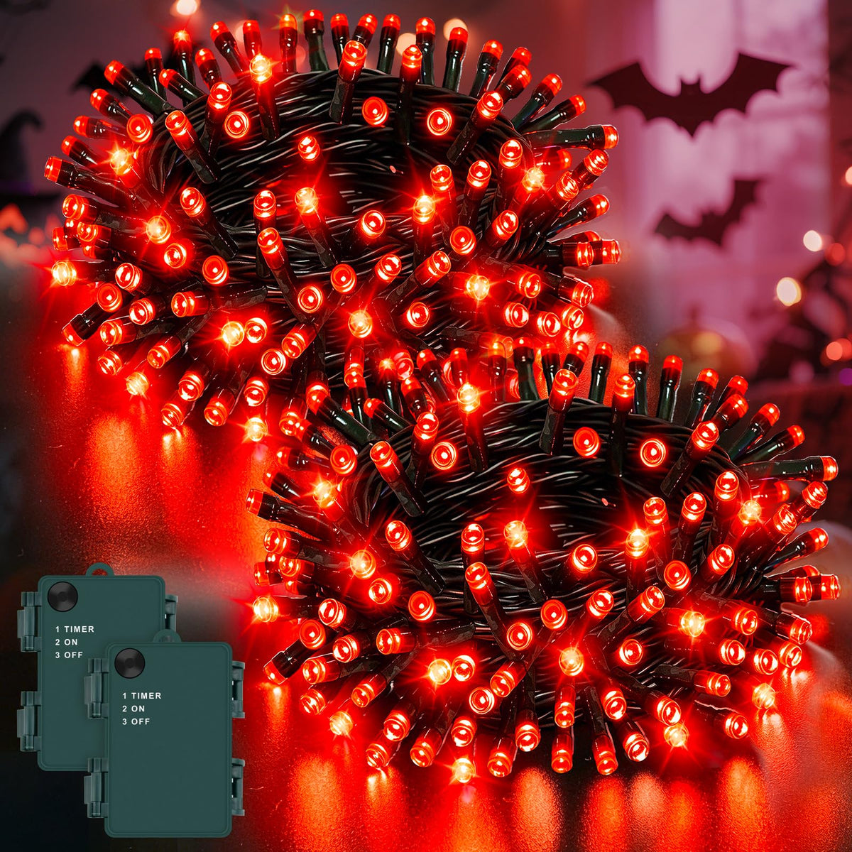 Dalugo Halloween Decoration Lights, 5M 50 LED Orange Purple White Fairy Lights with Timer, IP65 Waterproof Battery Powered Lights for Indoor Outdoor Autumn Halloween Decorations(Green Wire)