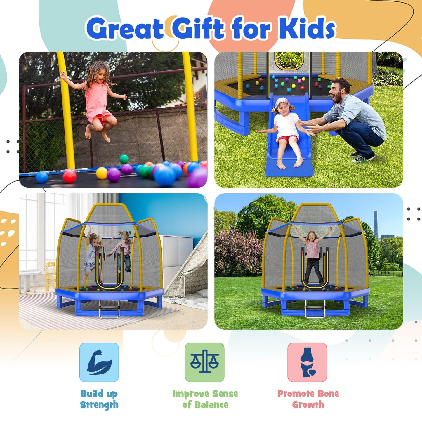 COSTWAY 7ft Kids Trampoline, Hexagonal Trampolines with Slide, Ladder, Safety Enclosure Net and Ocean Balls, Toddler Jumping House for Indoor Outdoor