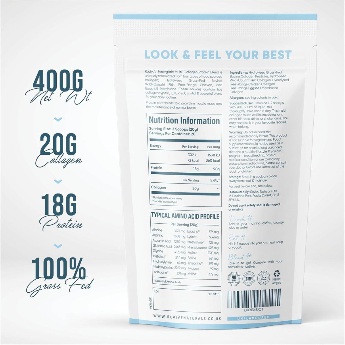Multi Collagen Protein Powder 400g - Types I, II, III, V & X - Hydrolyzed Grass Fed Bovine, Wild Caught Fish, & Free-Range Chicken & Eggshell Collagen by Revive Naturals
