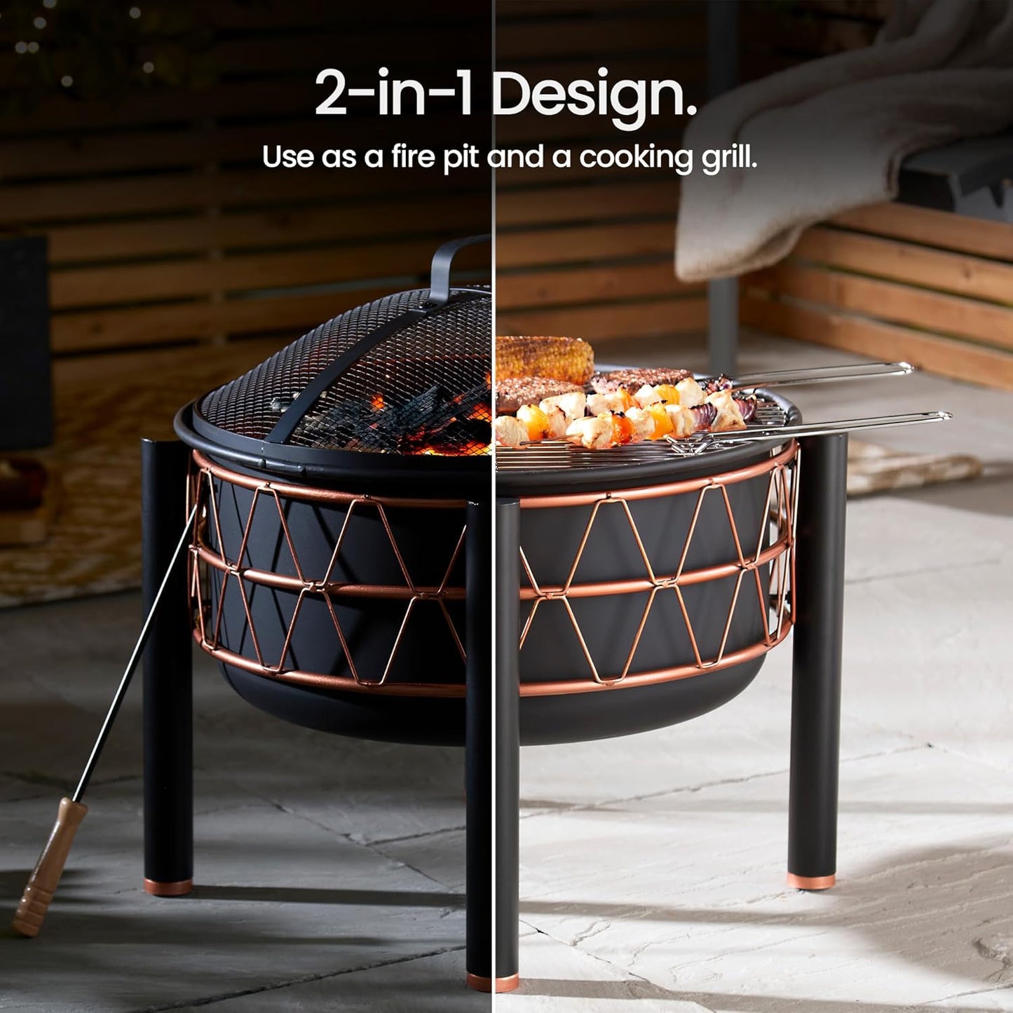 VonHaus Fire Pit – 2 in 1 Firepit with BBQ Cooking Grill for Outdoor, Garden, Patio – Black Steel with Copper Detail, Fire Poker & Mesh Cover Included – Use Wood or Charcoal to Fuel