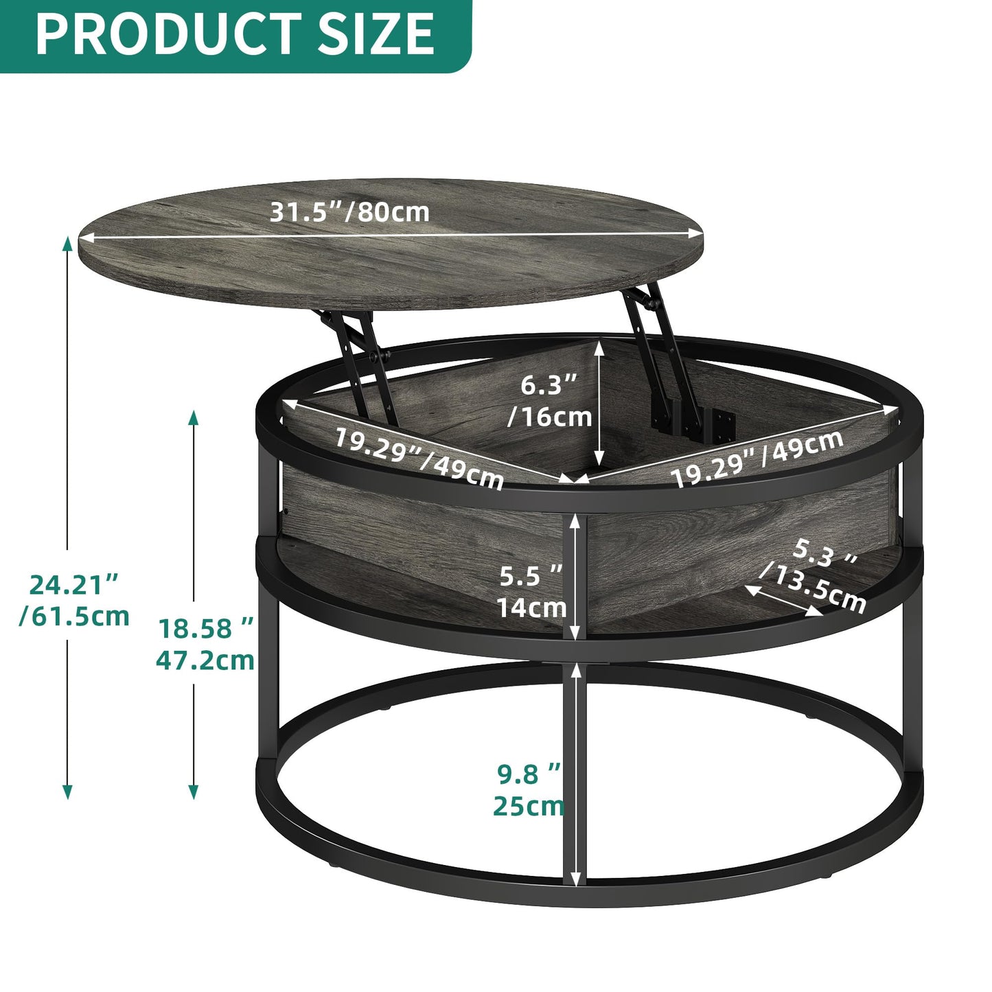 YITAHOME Coffee Table with Lift Top, lift up Coffee Table Round with Hidden Storage Compartment, 60x60x47cm