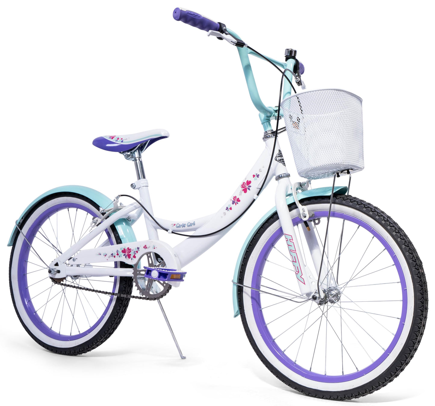 Huffy Girly Girl 20" Girls Cruiser Bike with Basket, Bell & Mudguards — White | Ages 5-9