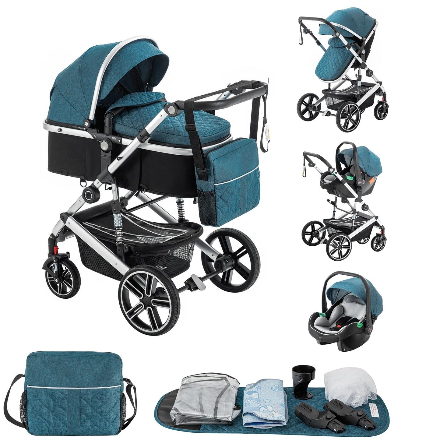 Baby Stroller 3 in 1,Travel Pushchair's Lie-Flat Pram is Foldable, Stroller System Handle is Adjustable, The Wheels are Made of PU Material, Suitable for 0-3 Years-Khaki