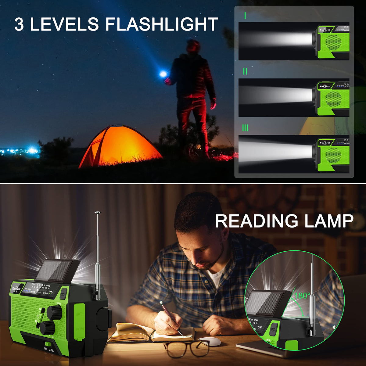 Wind Up Solar Radio, 7400mWh (2000mAh) Solar Powered Radio Emergency Hand Crank Radio with 3 Built-in Cables, Battery Operated, SOS Alarm & Flashlight, Emergency wind up torch for Hurricane, Emergency