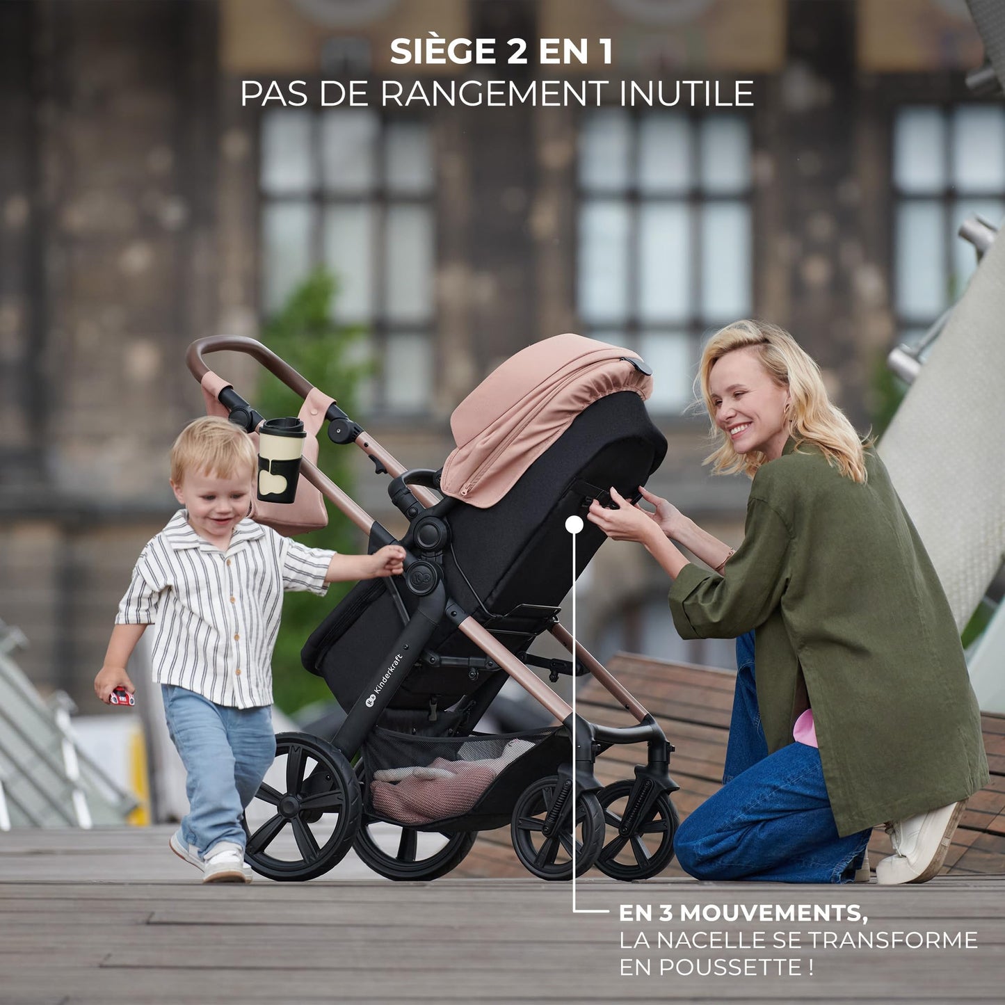 Kinderkraft MOOV 2 AIR 4 in 1 Set, Pram with Infant Car Seat with Isofix Base Mink PRO I-Size, Travel System, Baby Pushchair, Buggy, Foldable, from Birth to 22 kg, Inflatable Wheels, Gray