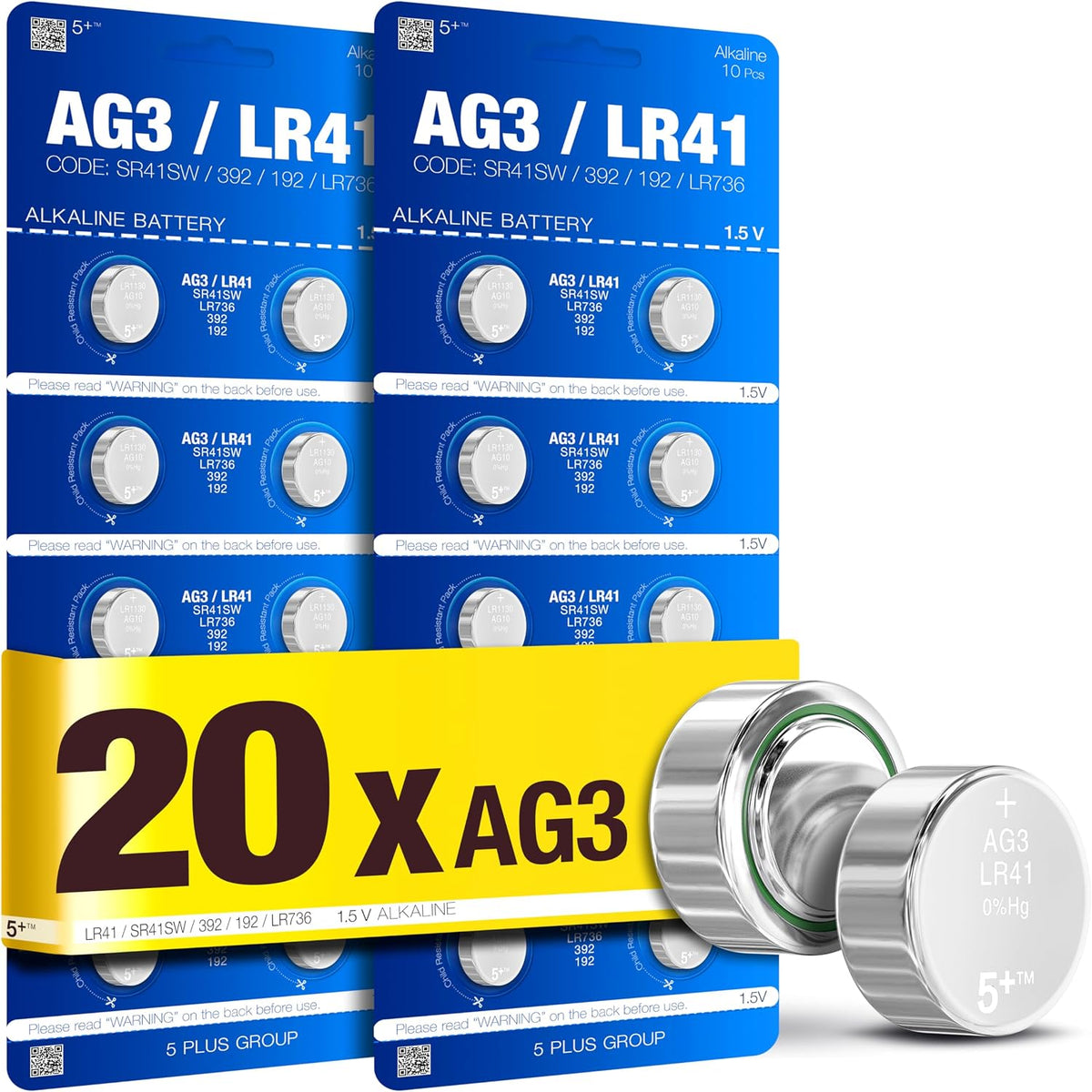 LR41 AG3 392 SR41SW L736 1.5V Alkaline Button Cell Batteries (20 Pack) – Long Lasting Coin Batteries for Watches, Toys, Calculators & Small Electronics