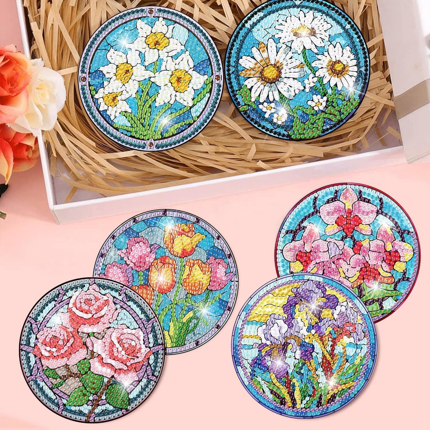 8 Pcs Flowers Diamond Art Coasters Kits for Adults Begainners,Full Drill Diamond Painting Coasters Kit with Holder,DIY Gem Painting Craft Kits for Adults Supplies Gift (Flowers).
