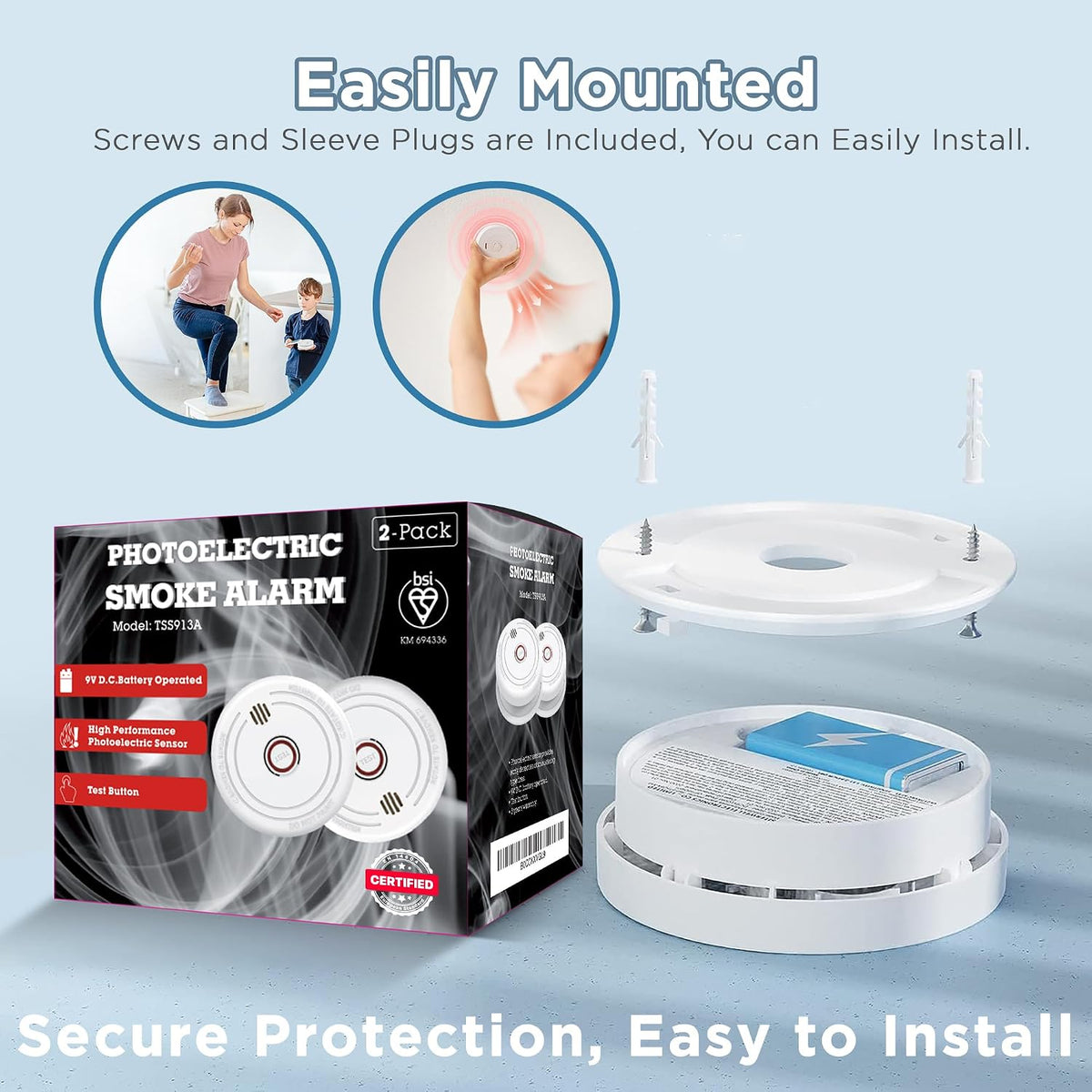 2 Pack Smoke Alarms for Home – 10-Year Life Fire Alarms with 5-Year Replaceable Battery, EN14604 Certified Photoelectric Smoke Detector with Silence Button, LED Light, for Kitchen, Caravan, Office