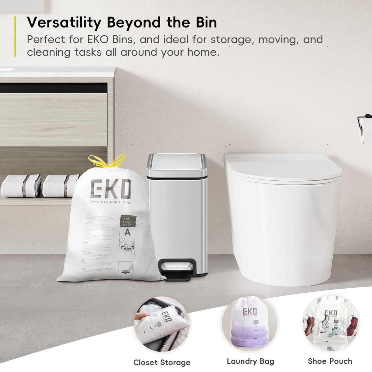 EKO Bin Bags, Kitchen Bin Liners, Drawstring, 40-60 Litre, 12 Count, Code F
