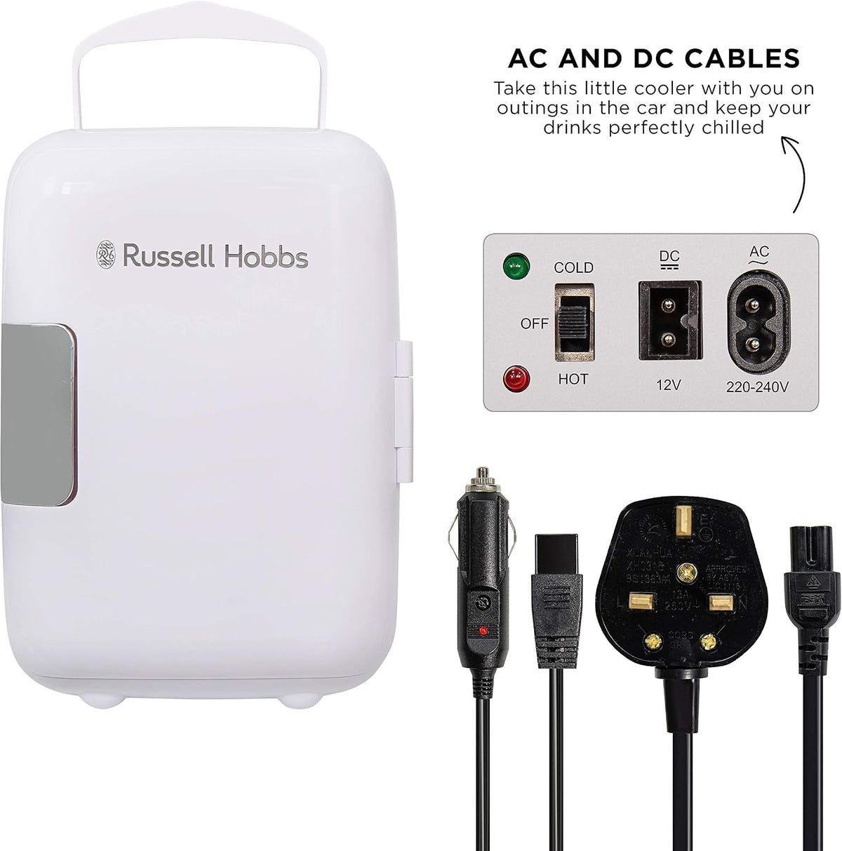 Russell Hobbs RH4CLR1001 4L/6 Can Portable Mini Cooler & Warmer for Drinks, Cosmetics/Makeup/Skincare, AC/DC Power, Retro Style, White, For Bedroom, Home, Caravan, Car