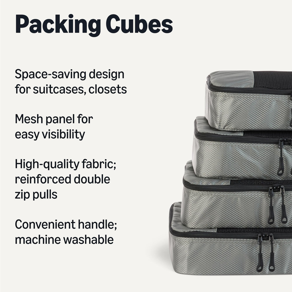 Amazon Essentials 4-Piece Packing Cubes Travel Accessories Set, Luggage Organiser with Double Zip, Mesh Top, 100% Polyester, Medium, Black (Previously Amazon Basics)