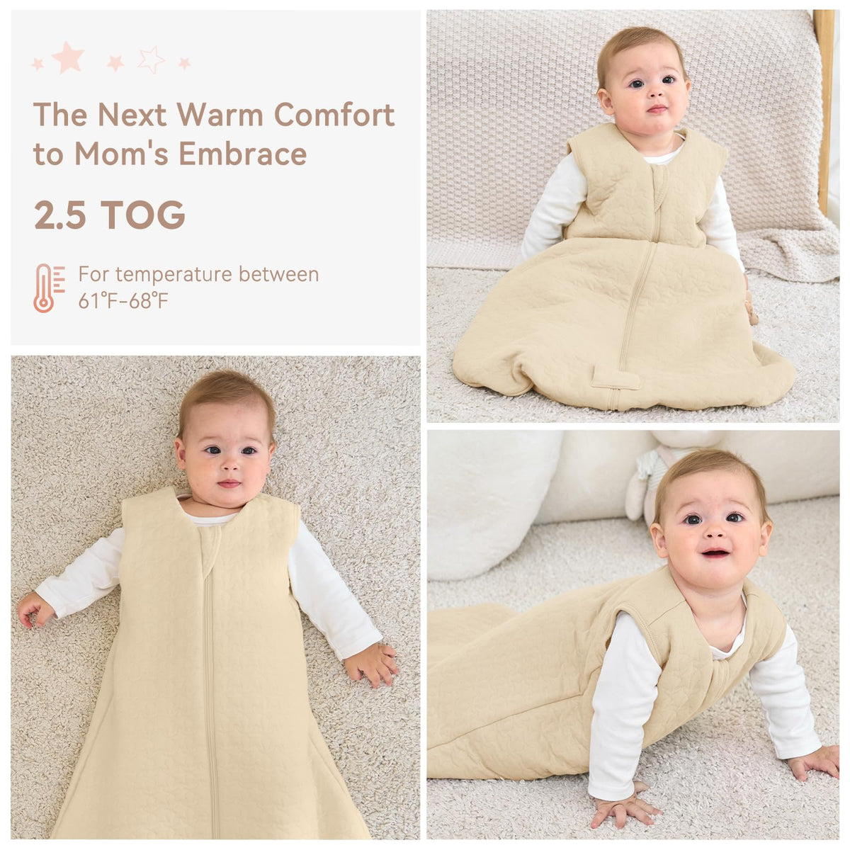 Unnivoll Baby Sleeping Bag 2.5 Tog 0-6 Months 100% Cotton Winter Sleeping Bag Baby 2-Way Zipper Quilted Sleep Sack for Newbron Infant Warm Soft Apricot