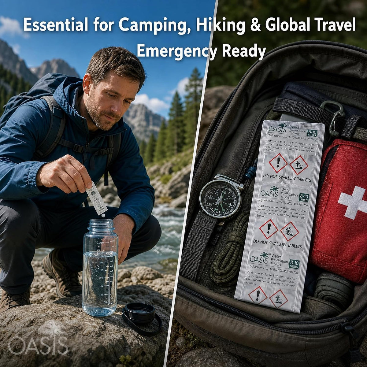 Oasis 67mg Water Purification Tablets 200 Tablets - Treats 2,000 Litres Emergency Water Purification Tablets, Water Purification for Camping, Hiking Etc