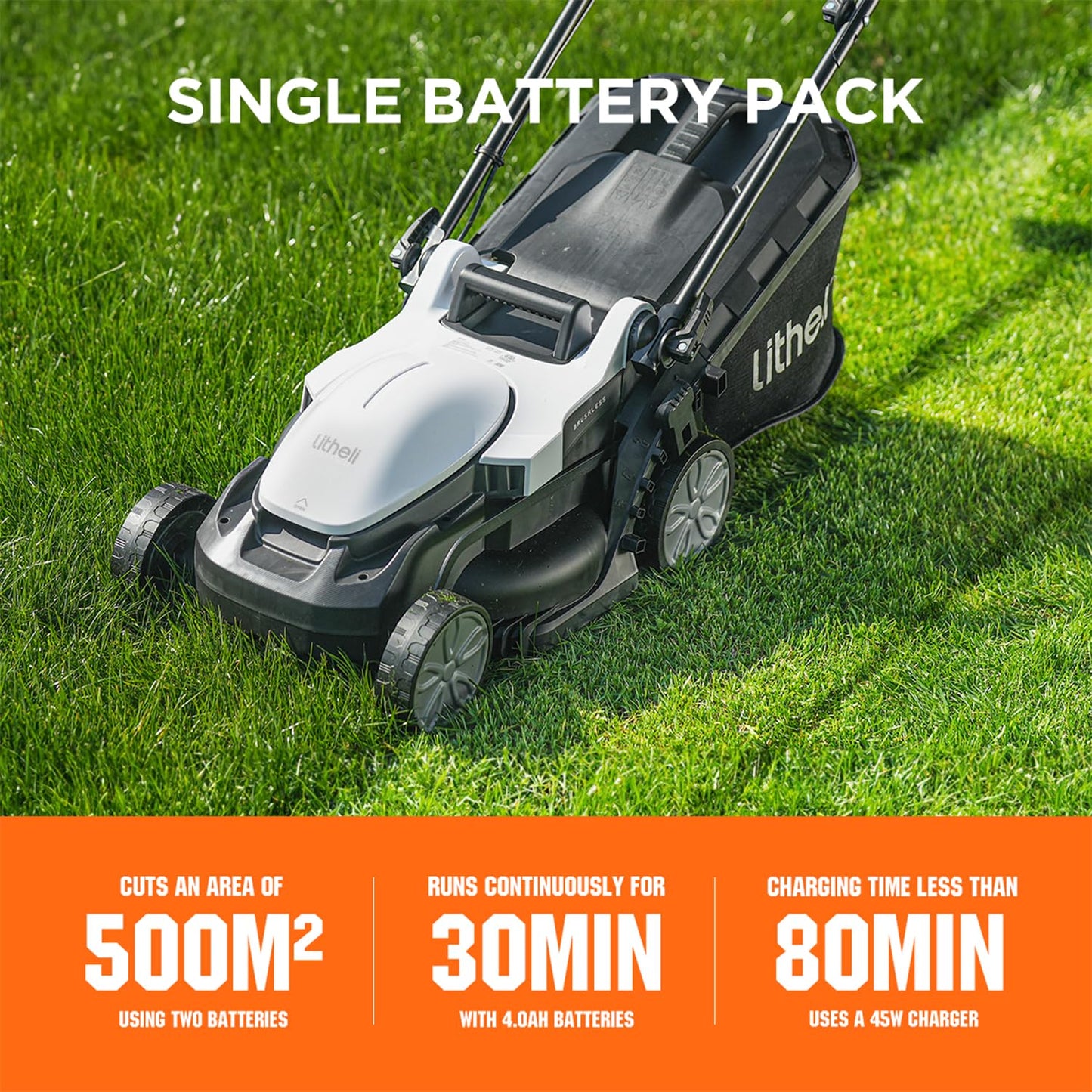 Litheli Cordless Lawnmower, 20V/33cm Cutting Width, Brushless Motor, Battery Lawn Mower, 5 Cutting Heights, 30L Grass Box, Incl. 4.0Ah Battery