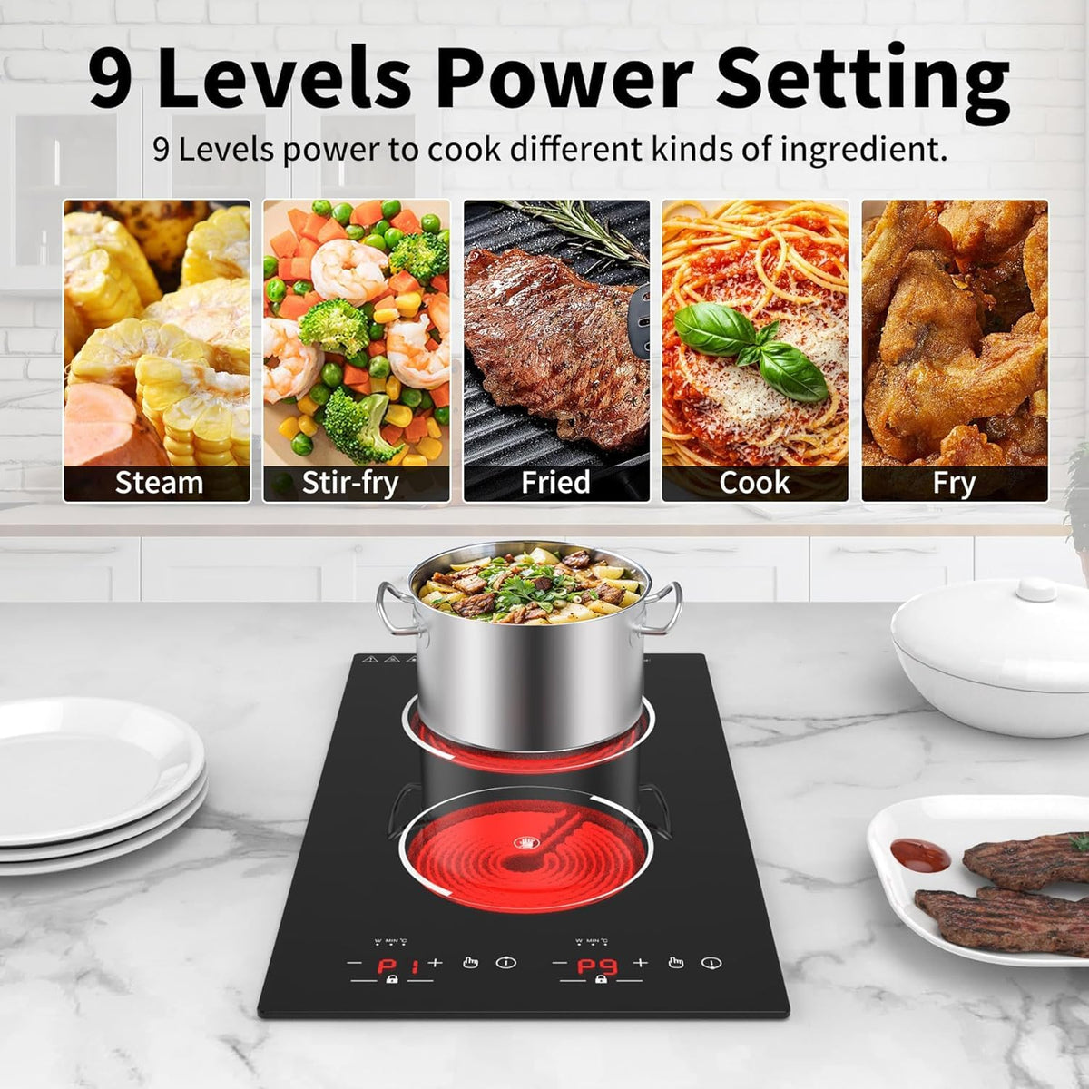VBGK Double Induction Hob,220V 3600W 2 Ring Induction Hob with Knob Control,9 Power Levels, Kids Lock & Timer,LED Touch Control,Overheat Protection