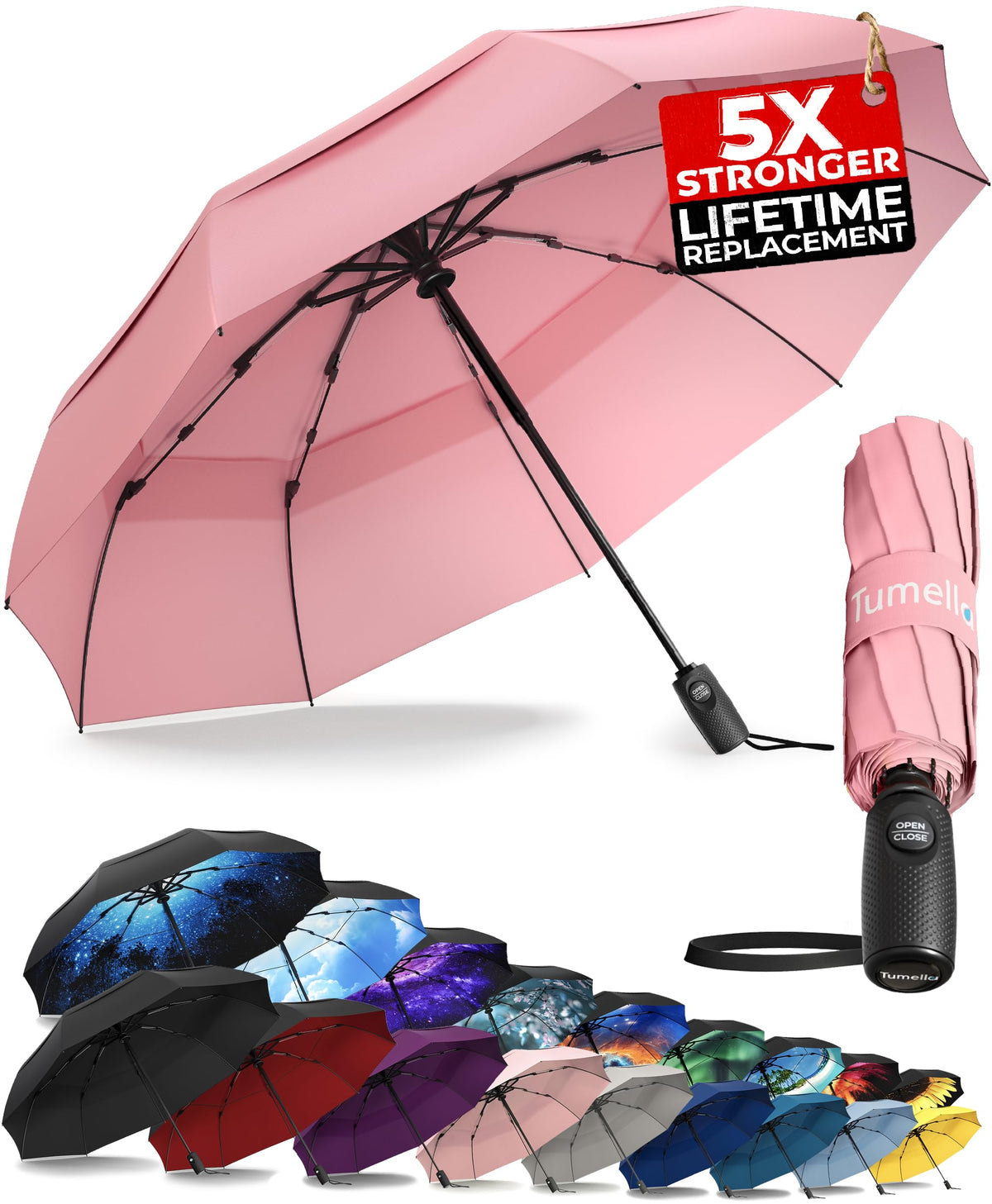 TUMELLA Strongest Windproof Travel Umbrella (Compact, 100MPH Wind-Tested)