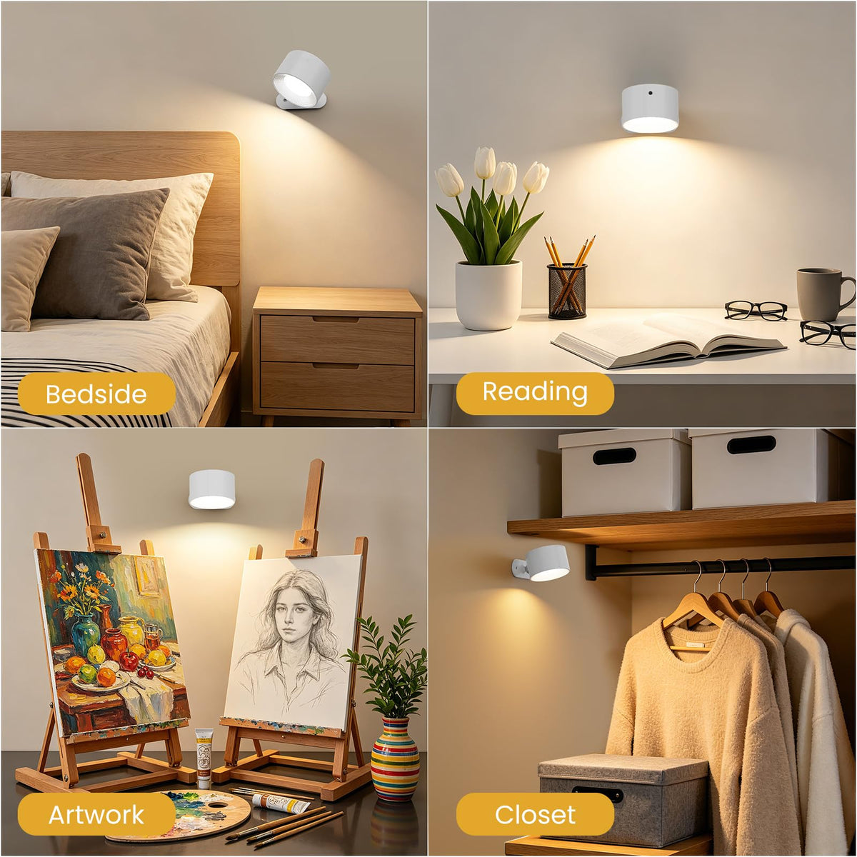 Coollamp LED Battery Operated Wall Lights, 3Pack Wall Lamp with Remote Control 3 Color Modes 3 Brightness Levels 360°Rotate Magnetic, Reading Lights for Living Room Bedroom Black