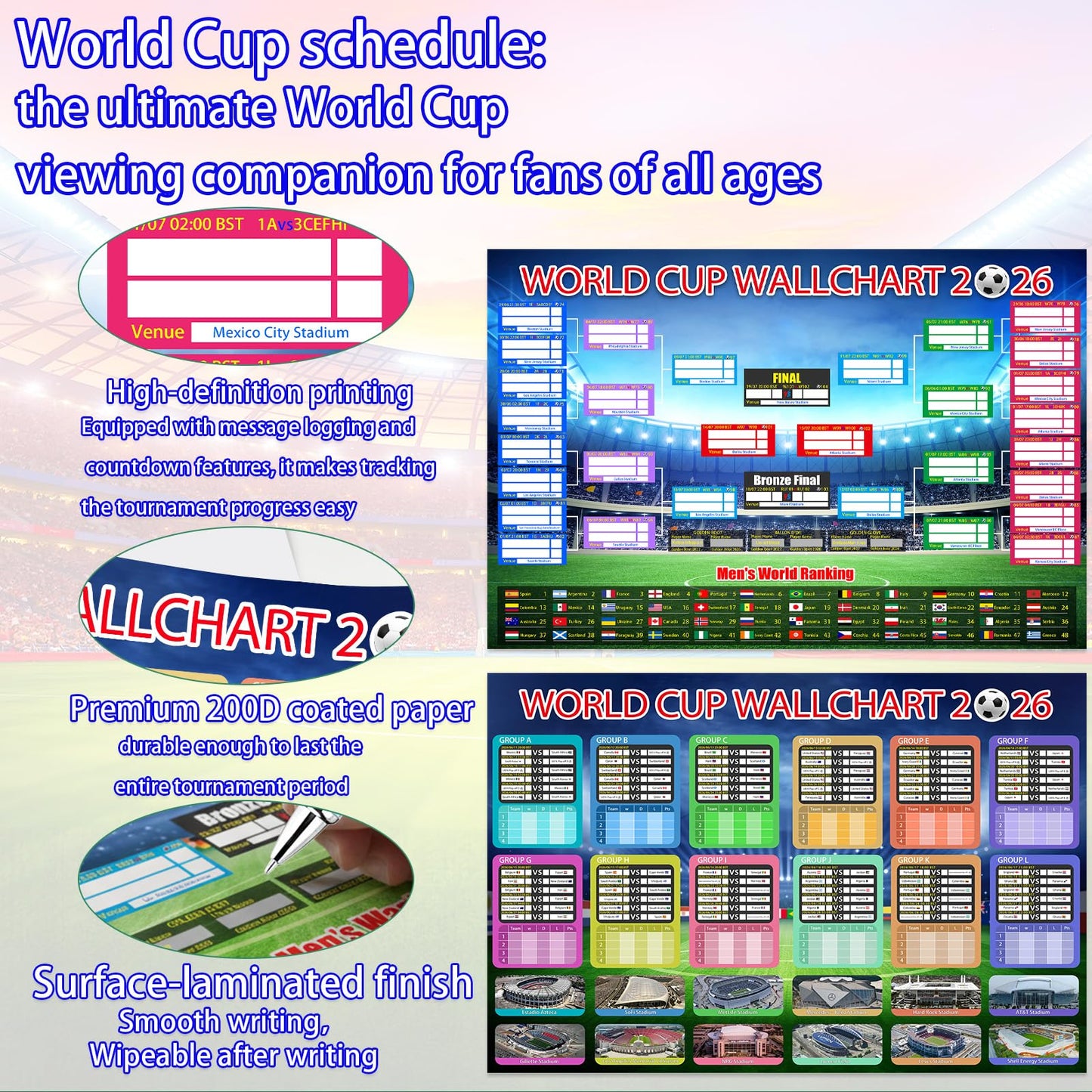 Aurblyn 11 Pcs World Cup Football 2026 Tournament Fixtures Folded Poster Handwritten Watercolour Pen World 8adhesive Backing 87x58cm For Bedroom For Men and Women Gifts for Fans (Background -4)