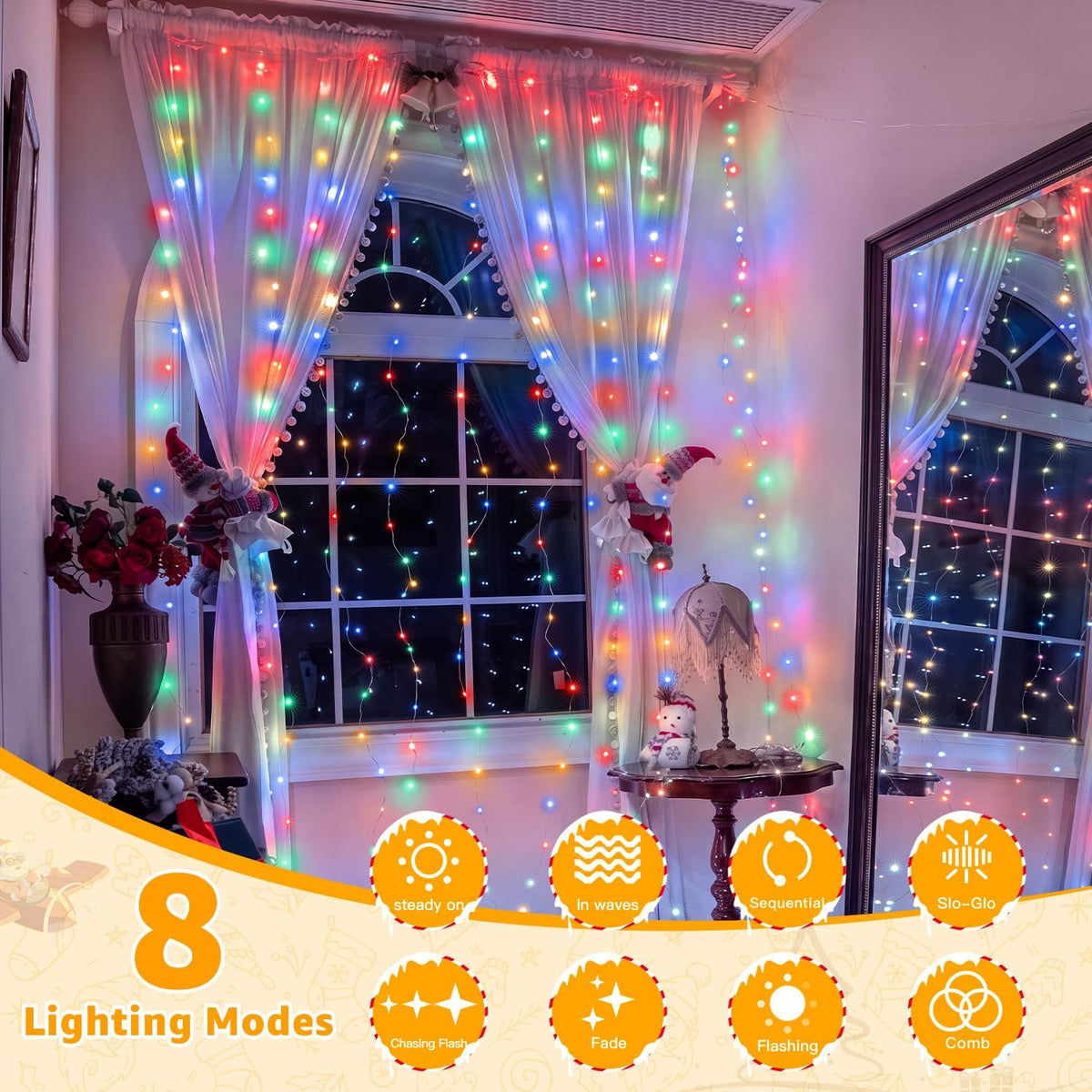 Ollny Curtain Fairy Lights, 200 LEDs 2mx2m Window String Lights Multicolour