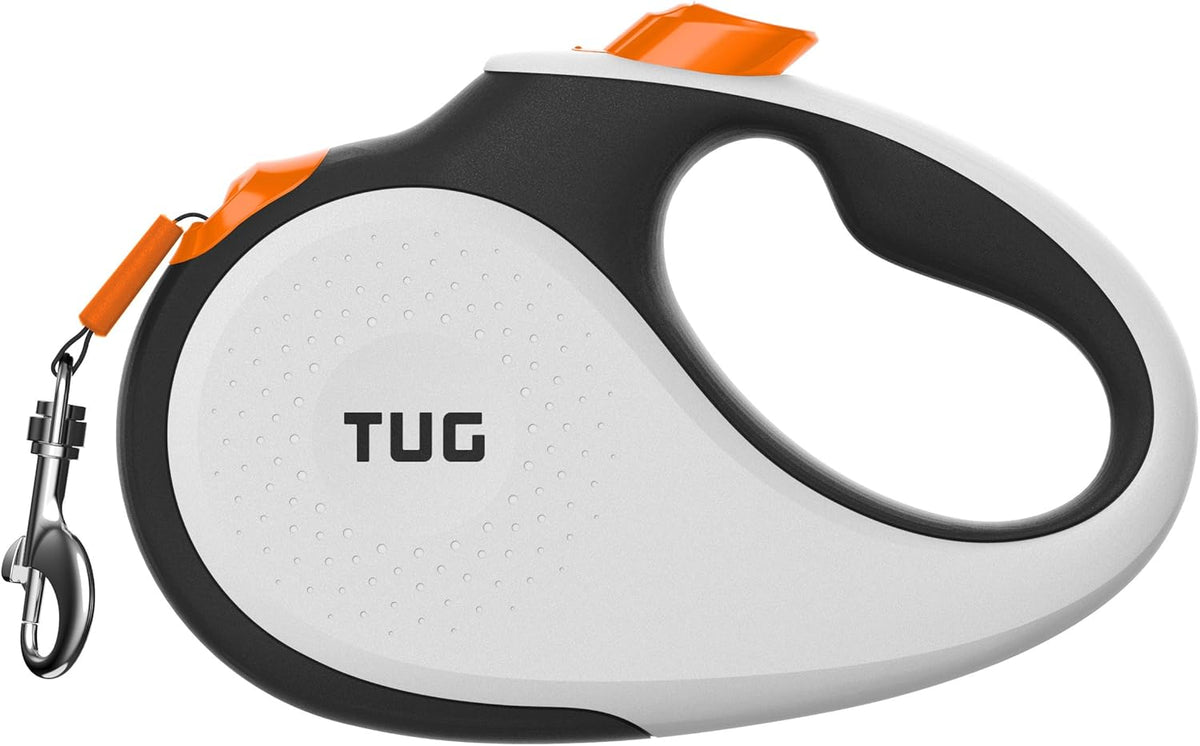 TUG 360° Tangle-Free Retractable Dog Lead for Up to 25 kg Dogs | 5 m Strong Nylon Tape | One-Handed Brake, Pause, Lock (Medium, White/Orange)