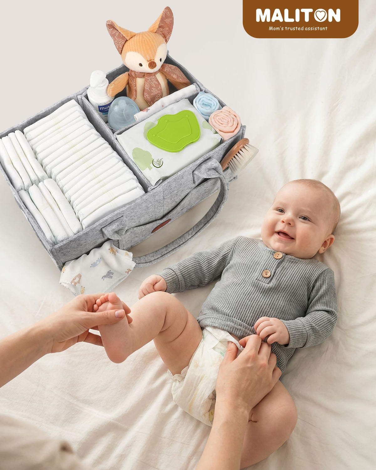 Maliton Nappy Caddy Organiser with 8 Pockets & Removable Dividers (Khaki)
