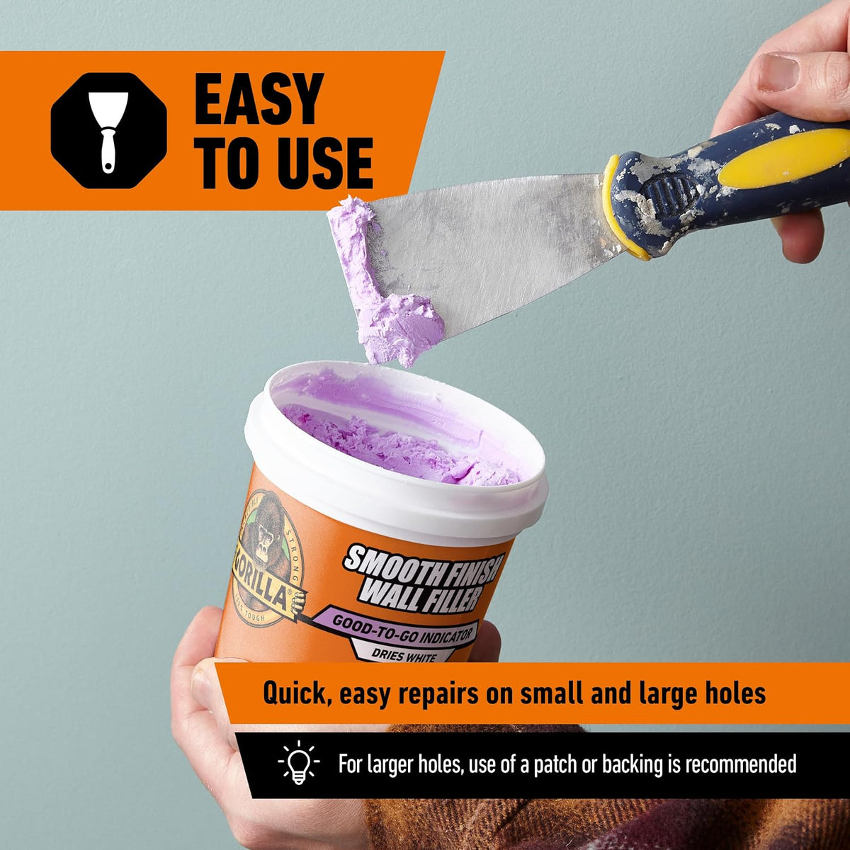 Gorilla Smooth Finish Wall Filler, 473ml – Applies Purple & Dries White | Repairs Small and Large Holes in Walls & Ceiling, Smooth Finish, Won’t Shrink or Crack, Fills any Depth| Indoor & Outdoor Use
