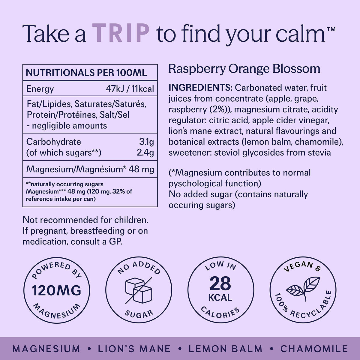 TRIP Cucumber Mint Sparkling drink with 120MG calming Magnesium + Lion’s Mane + Chamomile + Lemon Balm. Low Calorie and Vegan (Pack of 12 x 250ml) - Packaging Might Vary