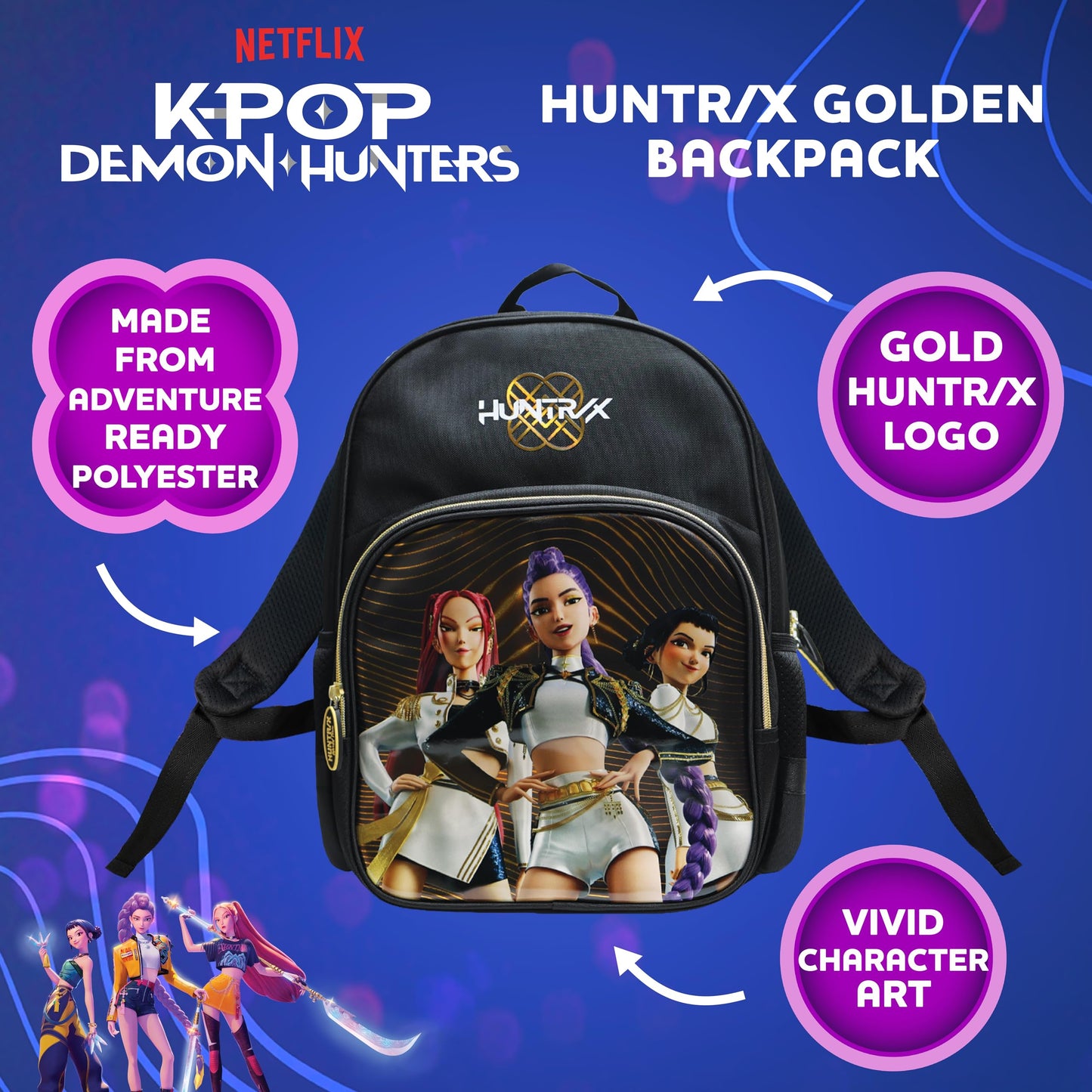 Blue Sky Studios KPop Demon Hunters HUNTR/X Backpack - Official Merchandise - Lightweight Kids School Bag with Padded Straps, Front Pocket & Silver Holographic Details - 36cm K-Pop Purple Rucksack