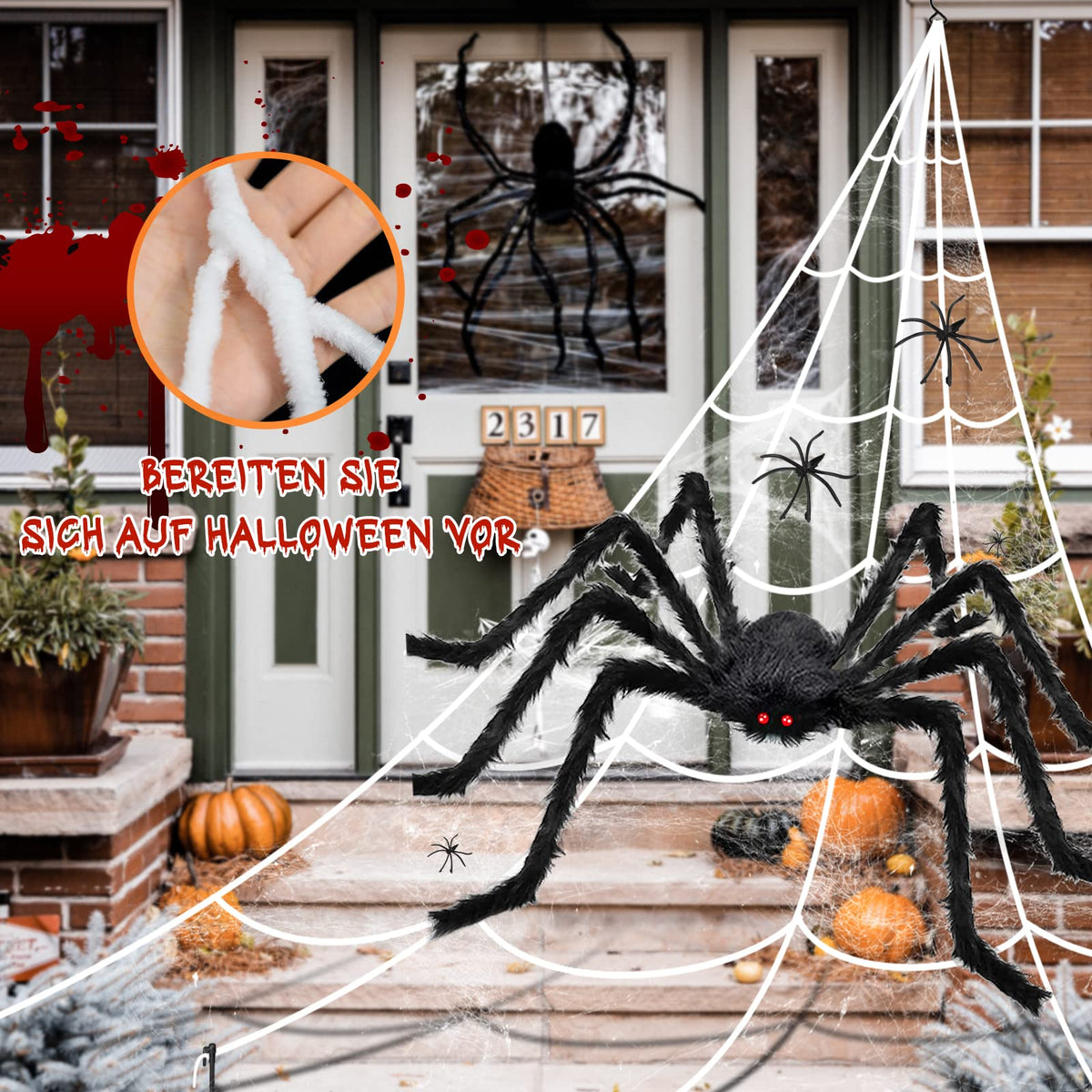 BOSONER 200'' Giant Spider Web Halloween Decorations + 50'' Large Spider