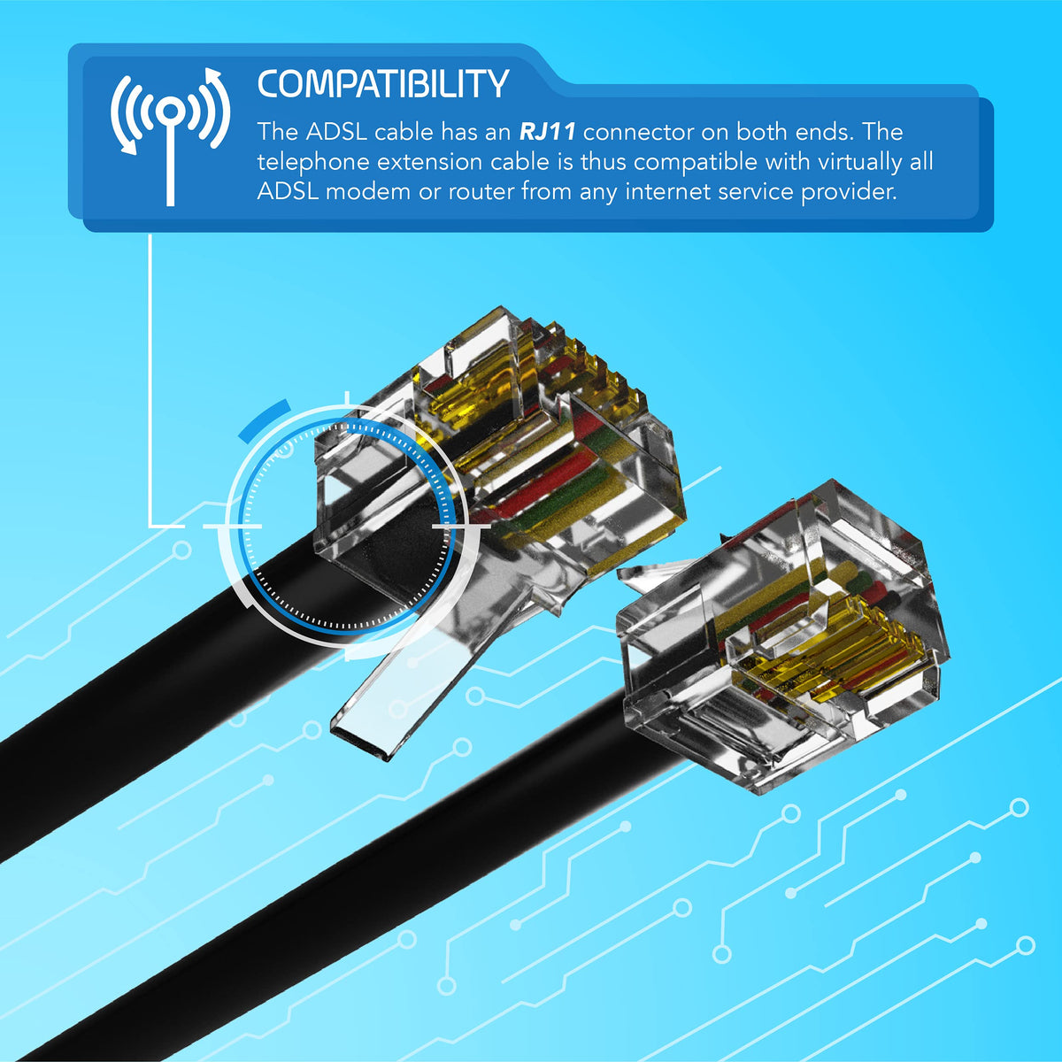 ASNQ High Speed Broadband RJ11 to RJ11 Cable for Landline Telephone, Router, Modem - 3m with OFC Wires and PVC Cover - Internet DSL Cable - Flat, Black