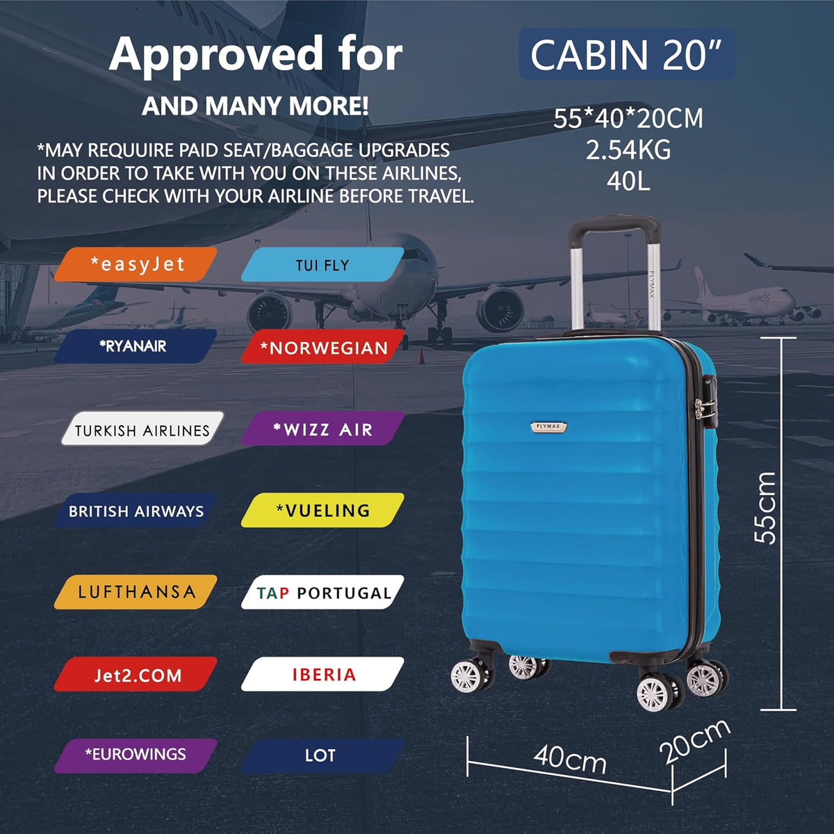 FLYMAX 55x40x20 Ryanair Cabin Bag Hand Luggage Lightweight Suitcase Approved Carry on Luggage Case 2.5KG 40L Royal