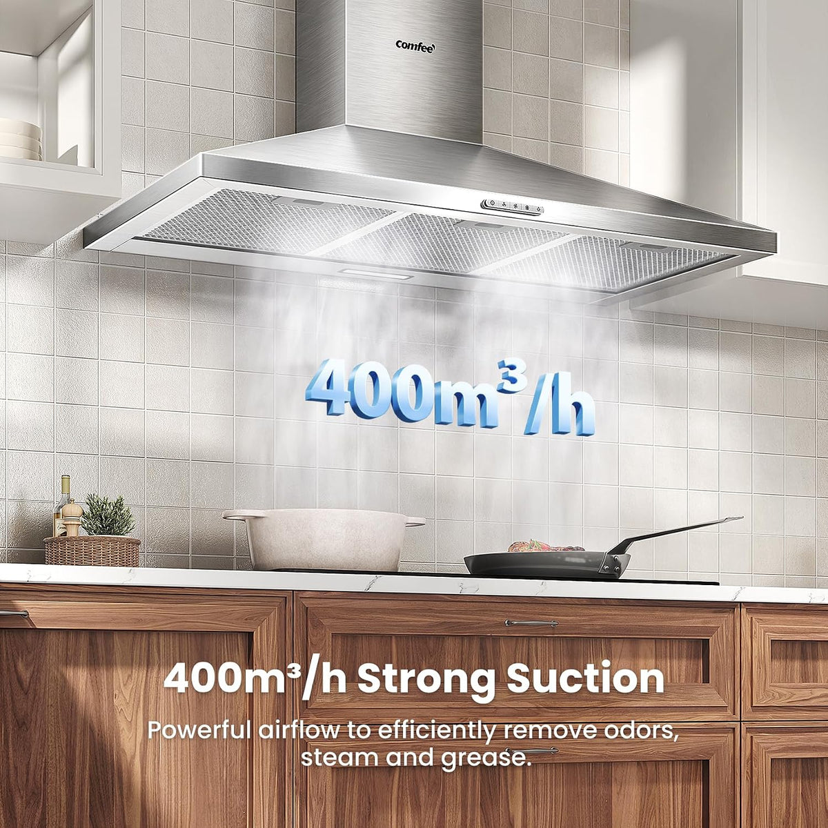 COMFEE' 90cm Chimney Cooker Hood, Class A++ Wall Mounted Kitchen Extractor