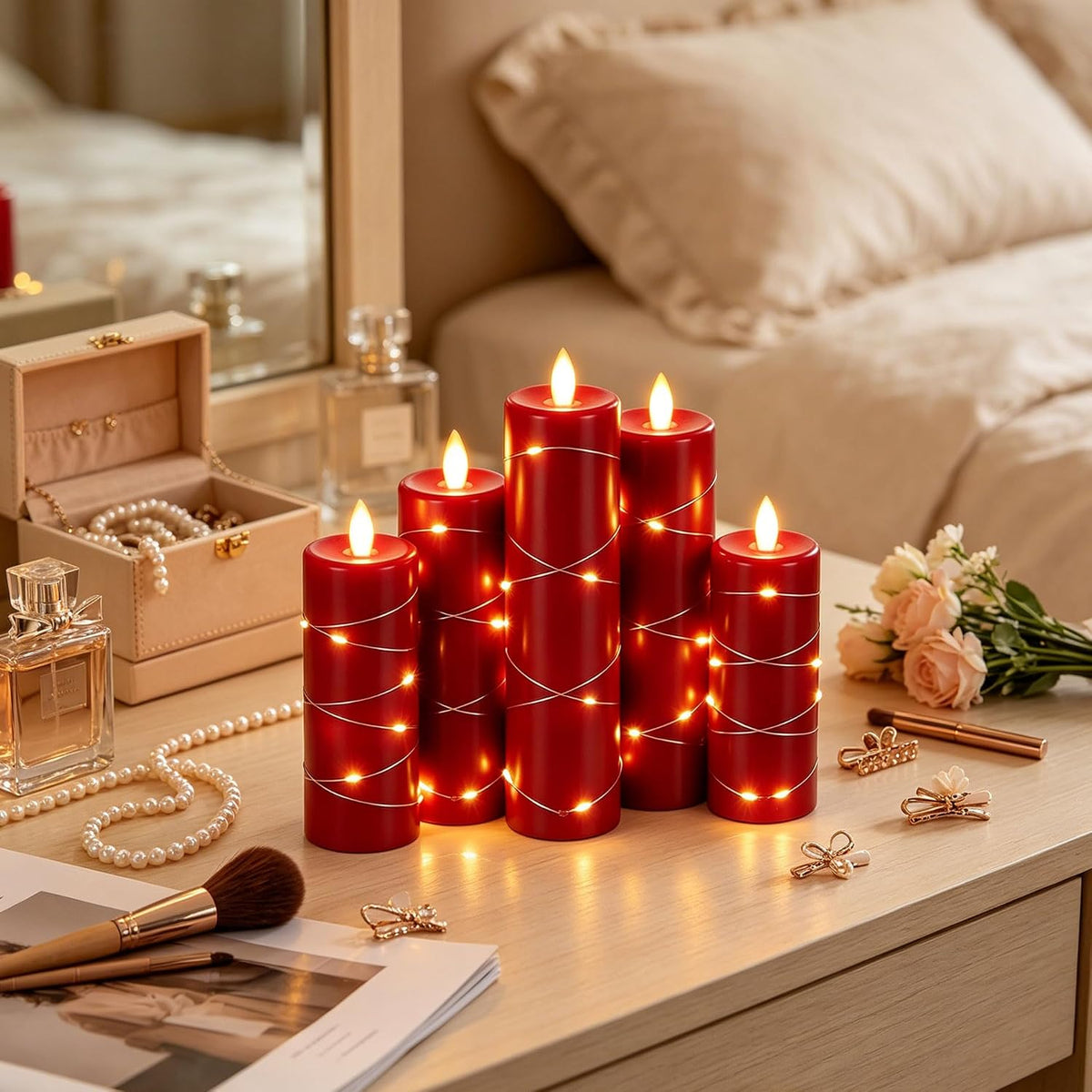 Da by 3 Pack Ivory Flameless LED Candles with Fairy Lights, Realistic Moving Flame Paraffin Wax Candles, Remote Control, Soft Warm Light, 8cm D x 12.5/14.5/16.5cm H, Indoor Wedding Home Decor