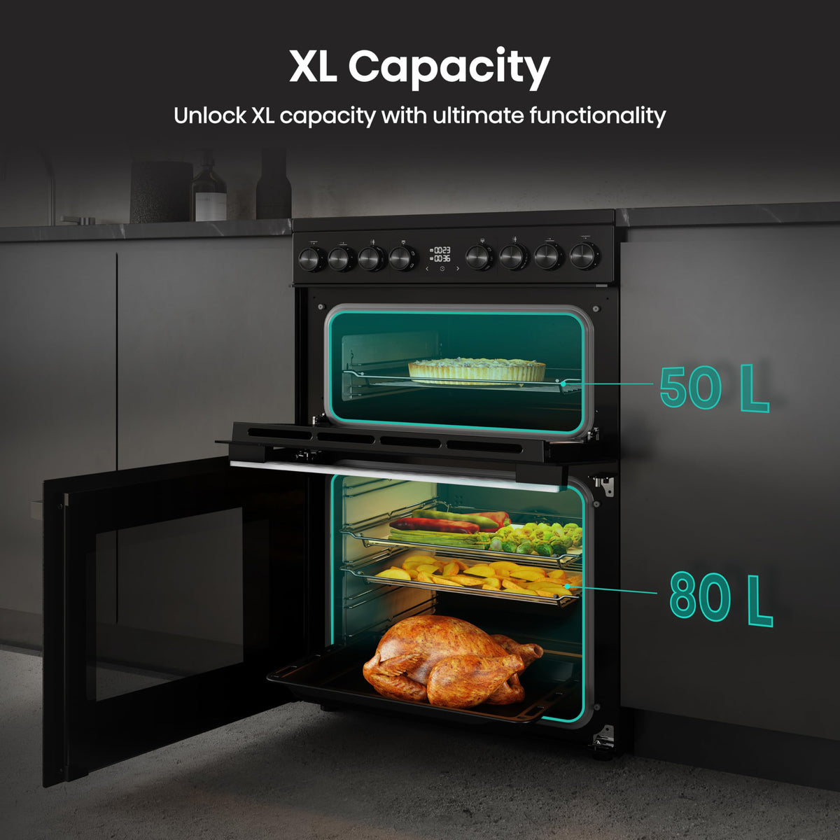 Hisense HDUKC60W 60cm Electric Cooker with Ceramic Hob-White, A Rated Double Oven 50L/80L [Energy Class A]