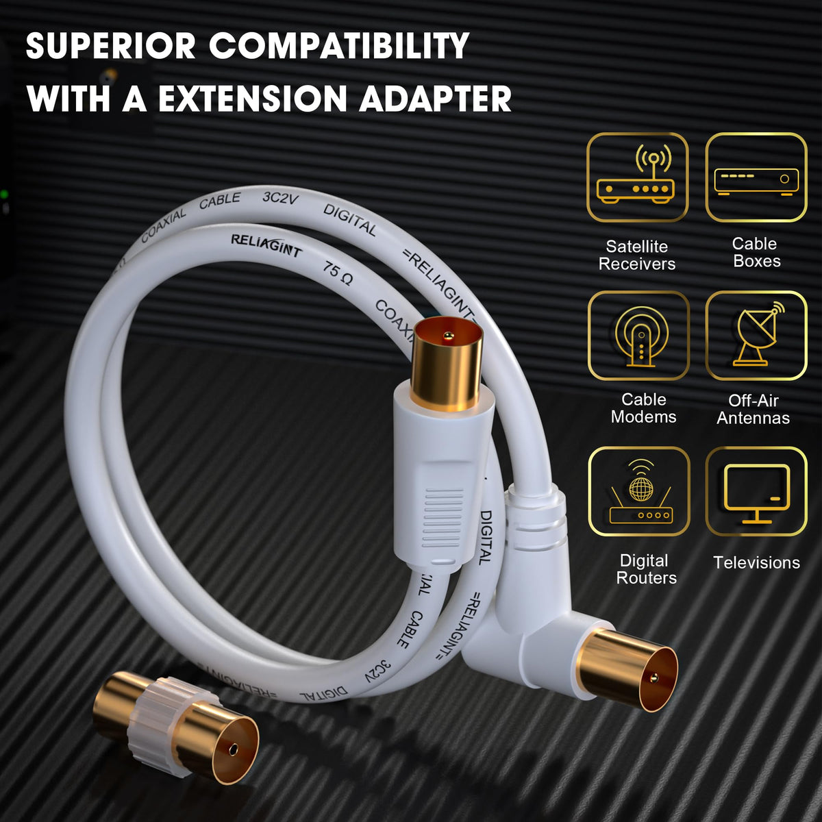 TV Aerial Cable 1m, 75 Ohm Coaxial Lead, IEC 9.5mm Male to Male 3C2V Pure Copper Dual Shielded, Right-Angle Connector, Female to Female Adaptor Included, Black