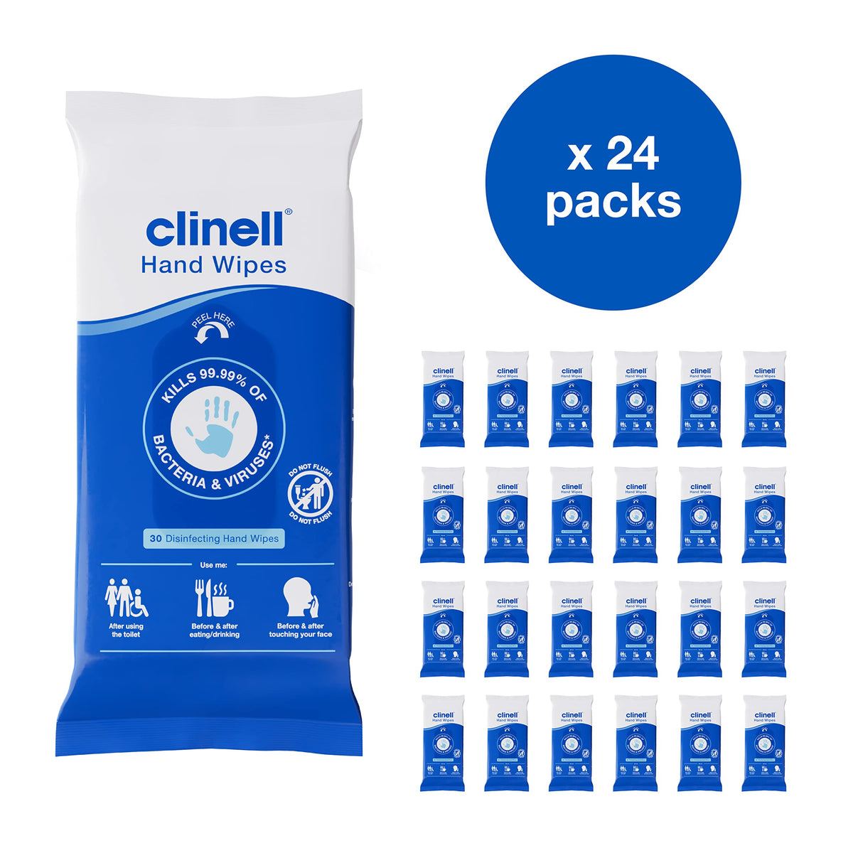 Clinell Antimicrobial Hand Wipes - Sanitising for Cleaning & Disinfecting, Travel-Friendly - Dermatologically Tested, Kills 99.99% of Bacteria & Viruses - Pack of 30, Blue