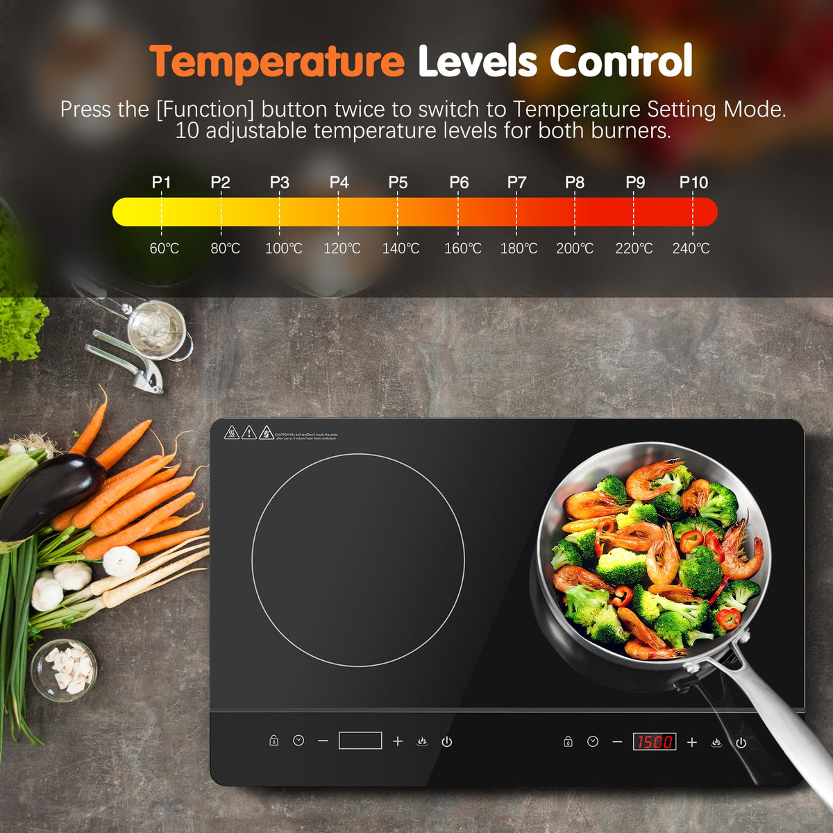 Single Induction Hob 2000W, Portable Induction Cooker with 10 Power & Temperature Levels, Touch Control, Child Lock, 3-Hour Timer, Residual Heat Indicator, Black Glass Panel Electric Hob