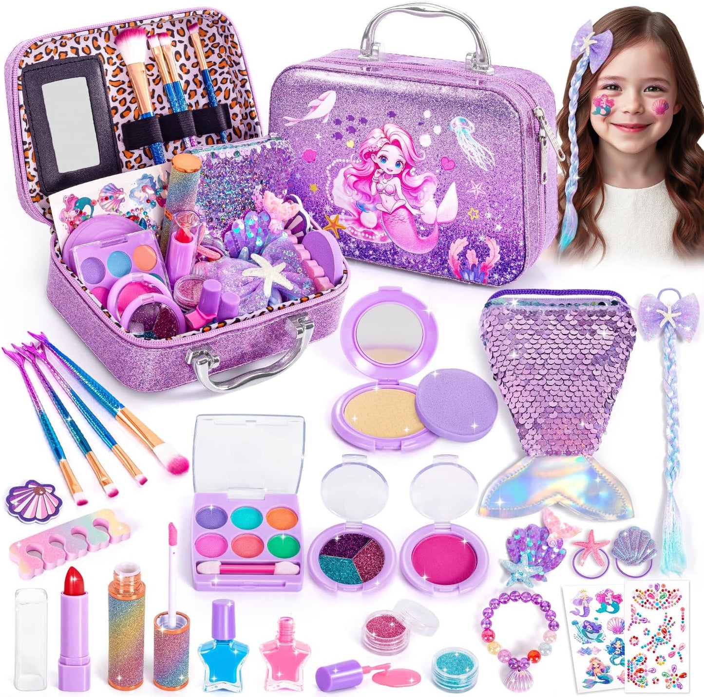 Hohosunlar Kids Makeup for Toddlers Toys, Washable Make Up Set Non-Toxic Toys for Girls with Purse, Princess Pretend Play Hair & Nail Polish Accessories, Christmas Birthday Gift Toys for Girls 3+