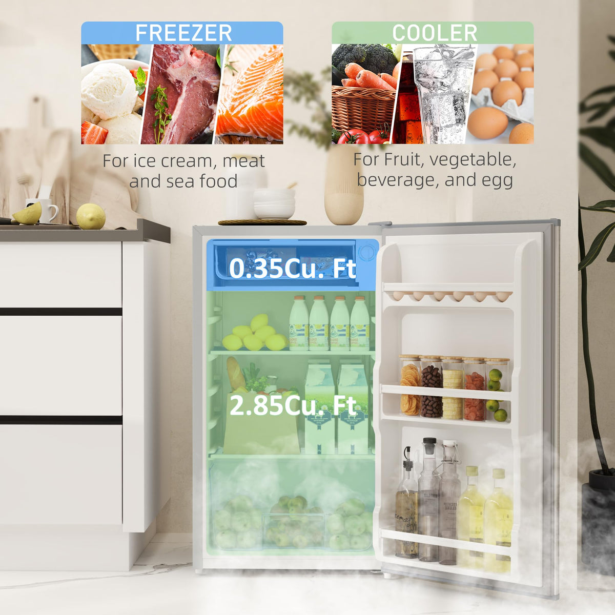 HOMCOM Under Counter Fridge 91L Small Fridge with Chiller Box Silver Tone