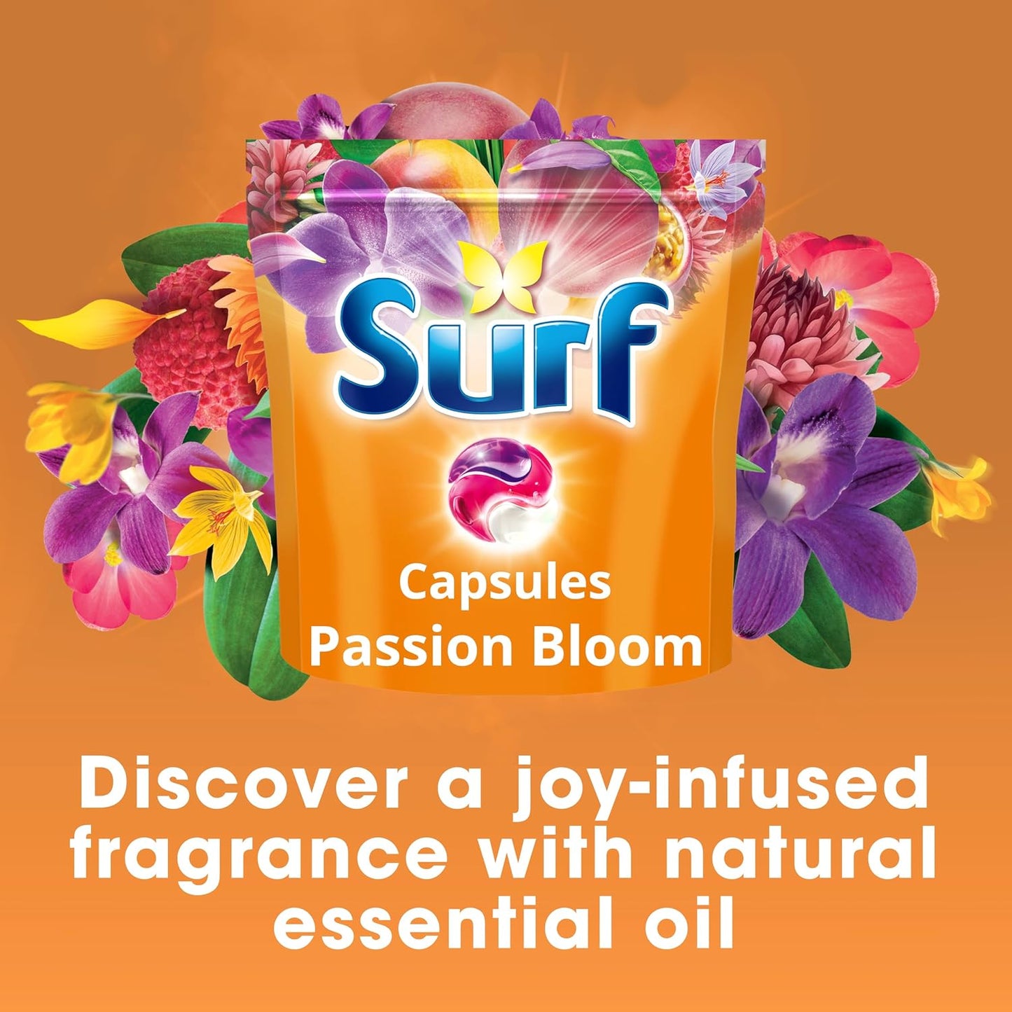 Surf 3 in 1 Passion Bloom Laundry Washing Detergent Capsules joy-infused fragrance with natural essential oil lasting up to 12 hours in wear for brilliantly clean results 51 washes