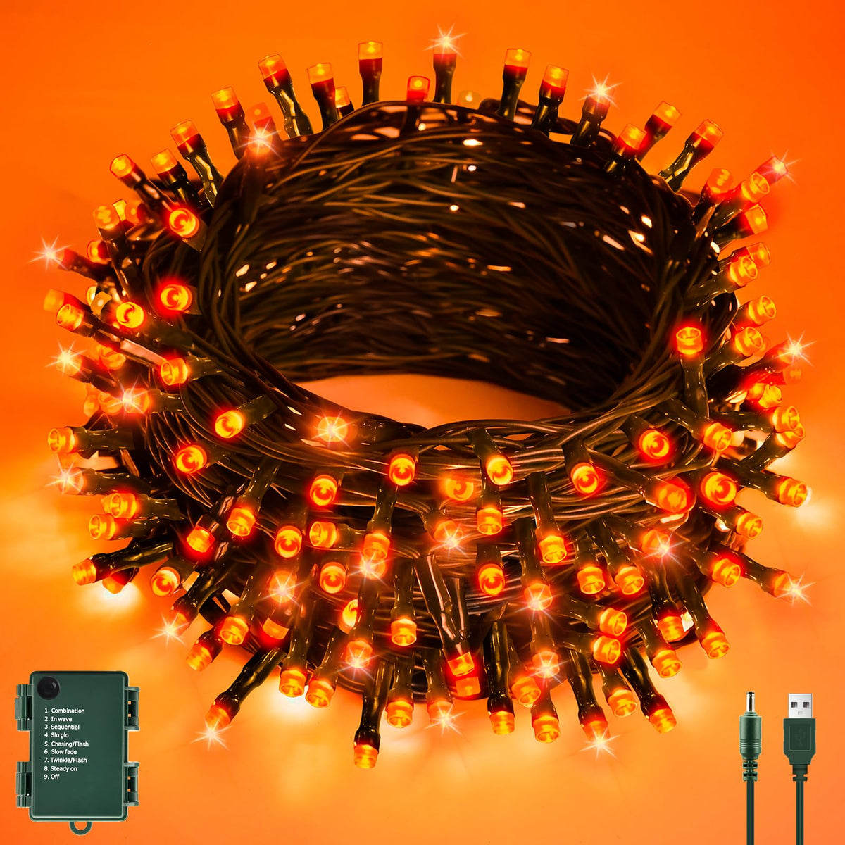 cshare Halloween Decorations Fairy Lights, 20Ft 60LED Orange-Purple USB/Battery String Lights with Timer Waterproof for Outdoor Indoor Autumn Fall Halloween Decorations-Green Wire