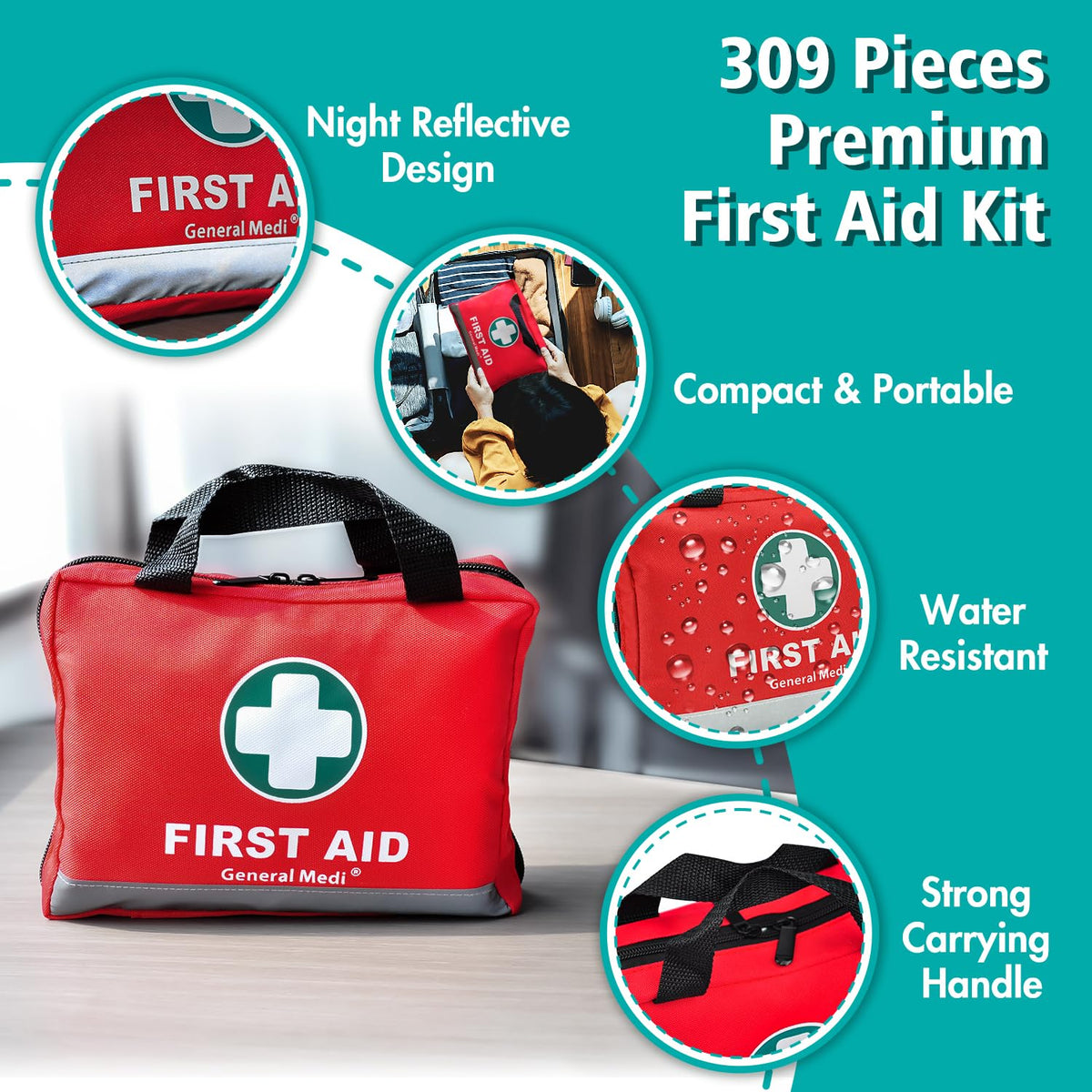 General Medi 210 Piece First Aid Kit- Emergency kit - Reflective Design - Includes Ice(Cold) Pack, Moleskin Pad and Emergency Blanket for Travel, Home, Office, Car, Workplace & Outdoor