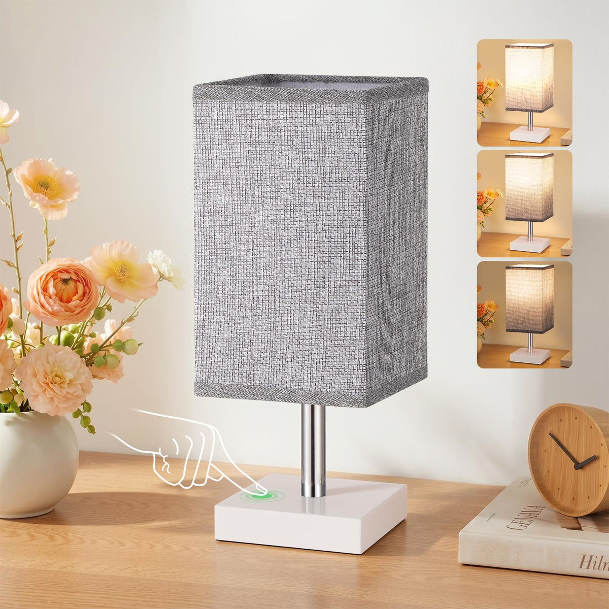 White Table Lamp for Bedroom, Small Bed Lamp with for Bedroom, Silver Base(Bulb Included)