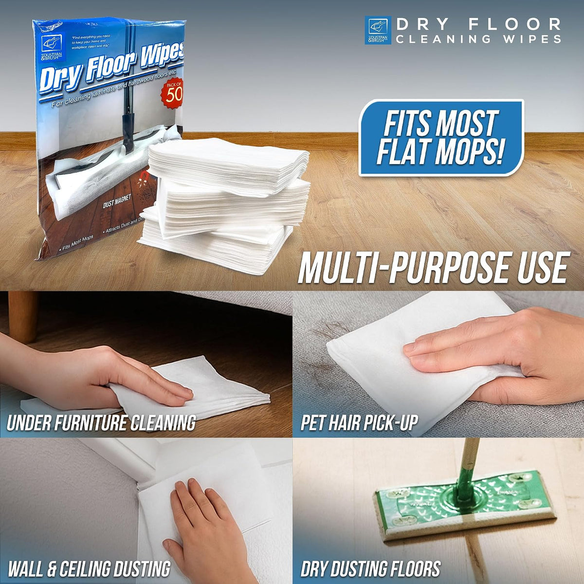 Pack of 50 Disposable Microfibre Electrostatic Floor Cloths for Flat Swivel Mop Multi Fitting Cleaning Wipes - 29cm x 21cm Fits Most Mops Like Swiffer Etc